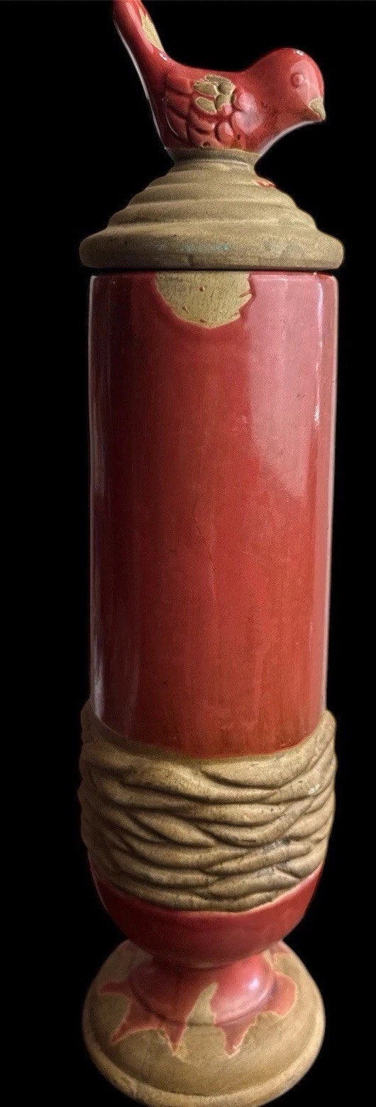 Pottery Mantel Container Urn Decorative Ceramic Burnt Orange Bird 18” Distressed