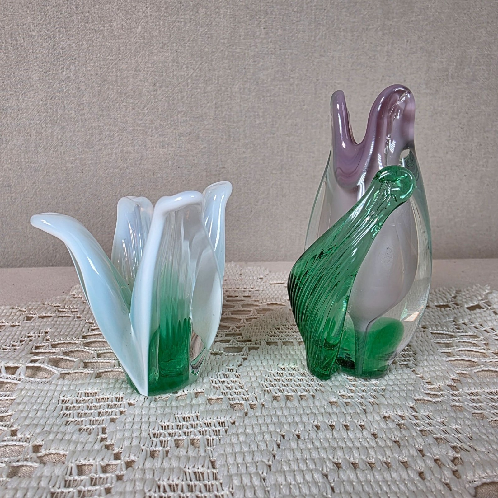 Vintage Handblown Art Glass Flowers Set Green & White Tulip And Purple Gradient