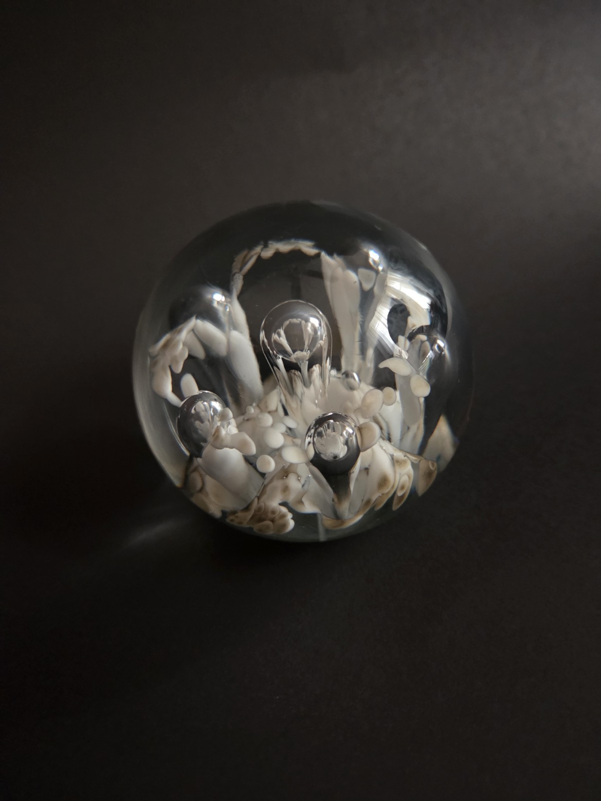 Vintage HandBlown Clear Glass Paperweight with Controlled Bubbles, White Brown