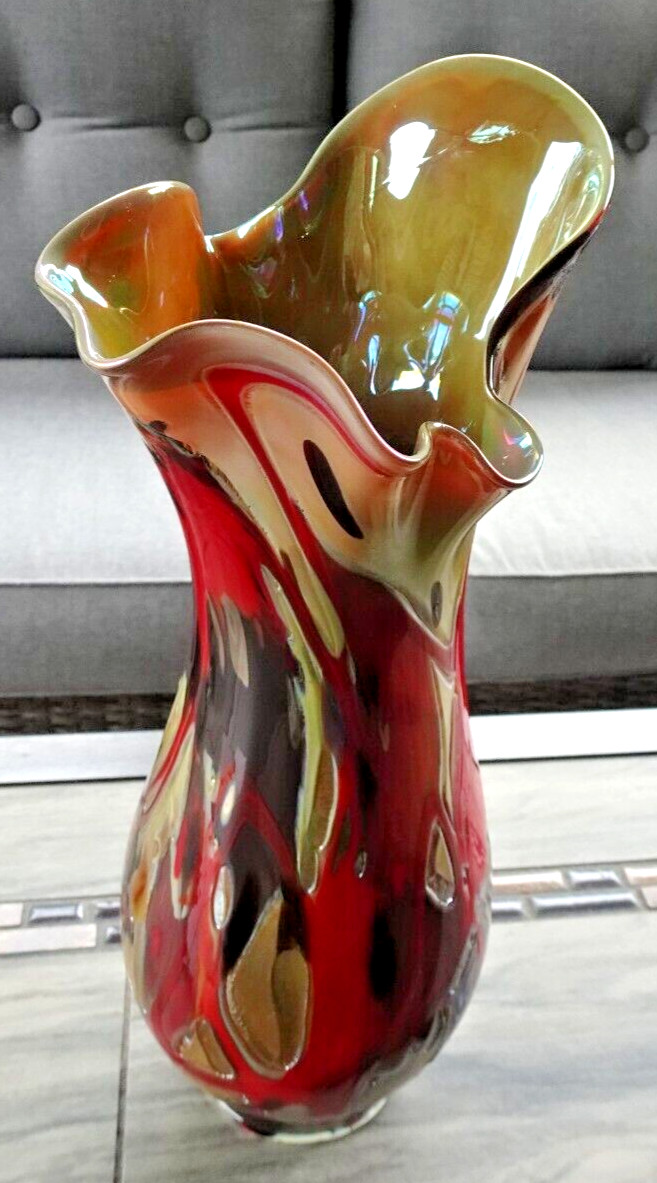 Signed Sy Dowling 14.5″ Freeform Studio Art Glass “Flambe” Vase 2014