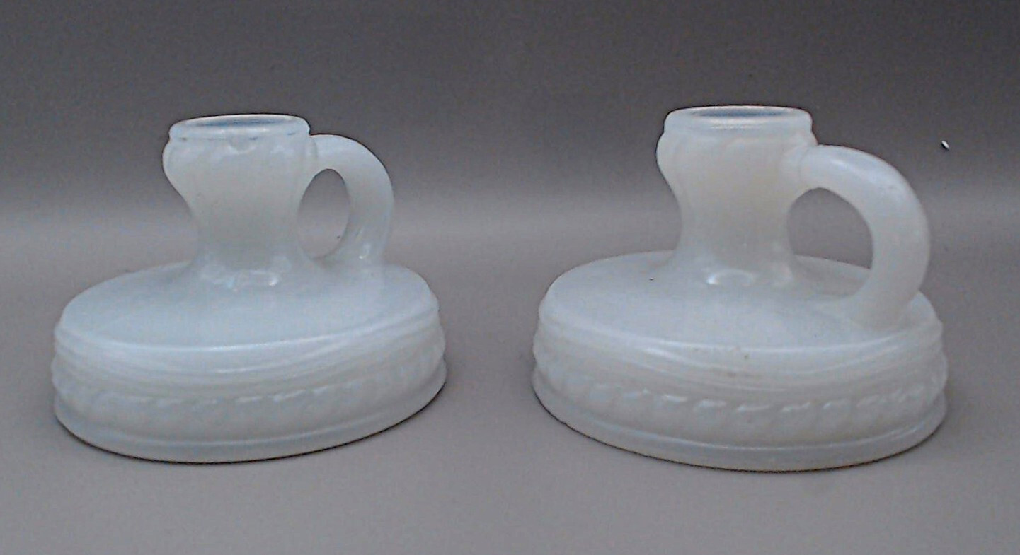 Pair of Akro Agate Milk Glass Candle Holders Chamber Sticks. 2.75″ dia. 2″ tall