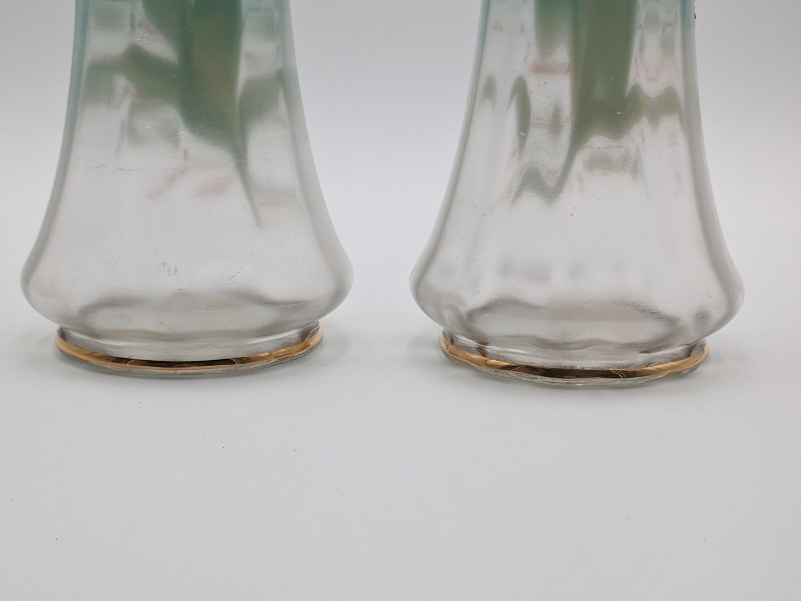 (2) Bohemia Satin Glass Enameled Hand Painted Lily of the Valley Vases 14″