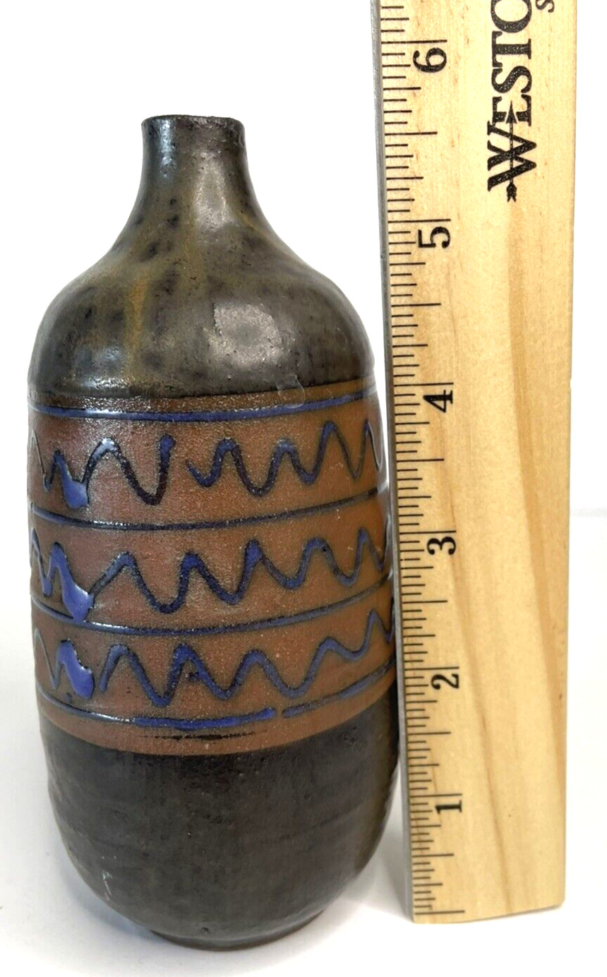 Art Pottery Bud Vase Hand Made Hand Painted Brown, Rust & Blue Glaze Rustic MCM