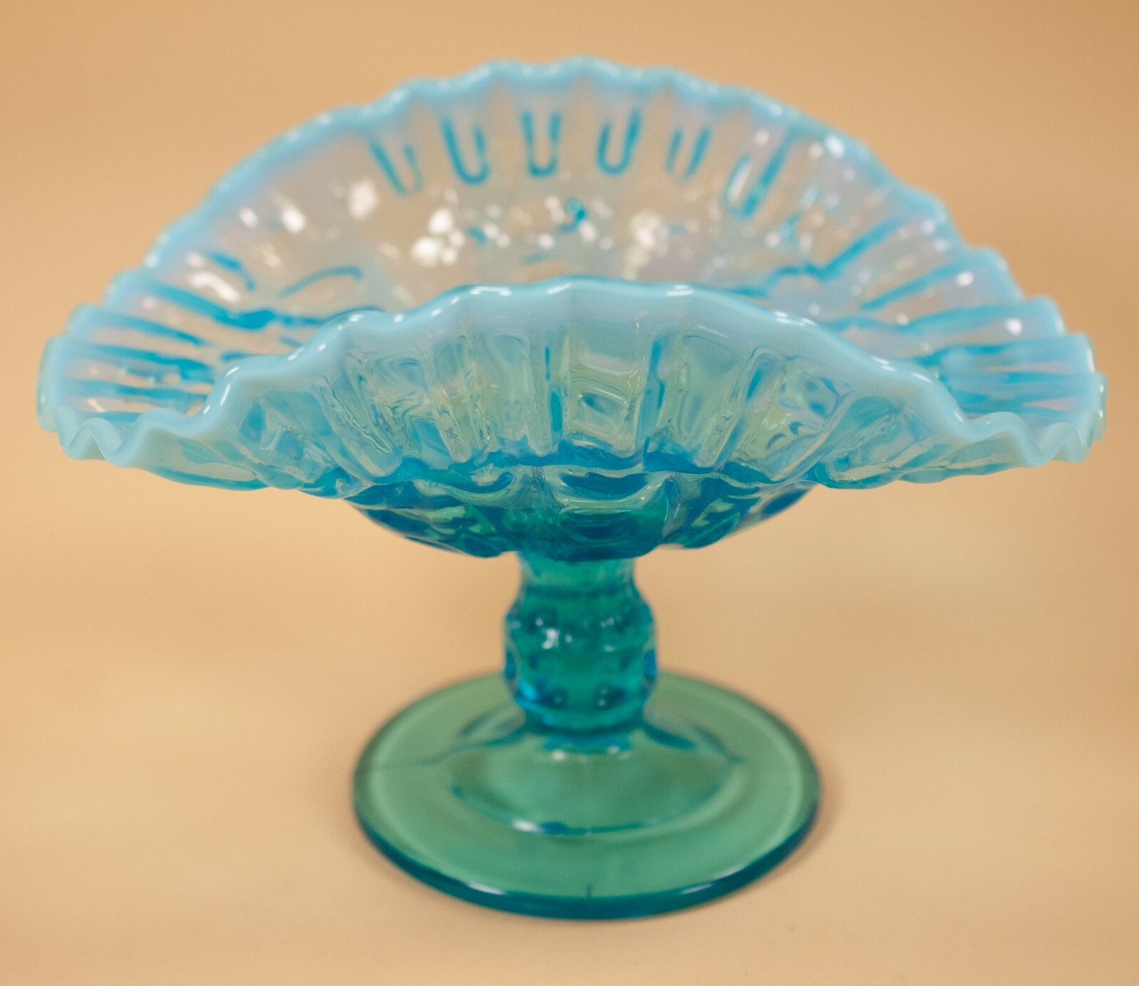 Antique National Glass Concaved Columns #617 1904 Blue Opalescent Compote