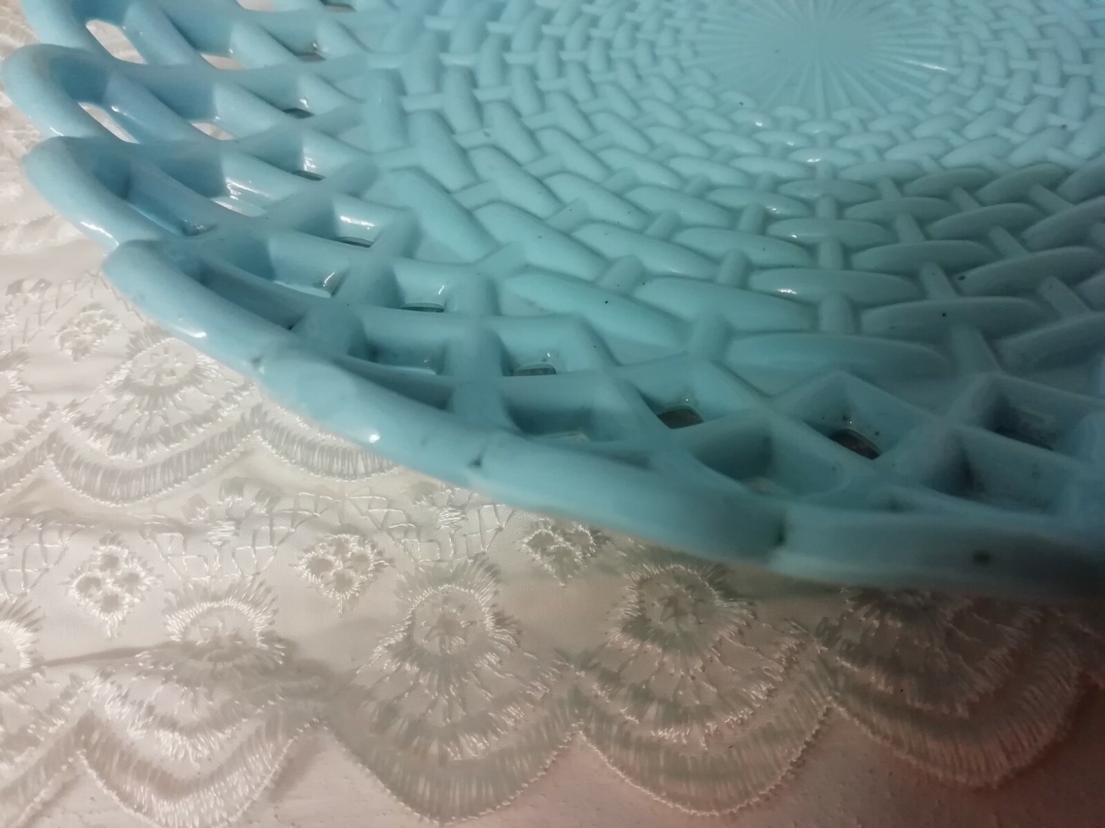 Antique Victorian Sowerby Blue Vitro Porcelain Milk Glass Basket Weave Comport