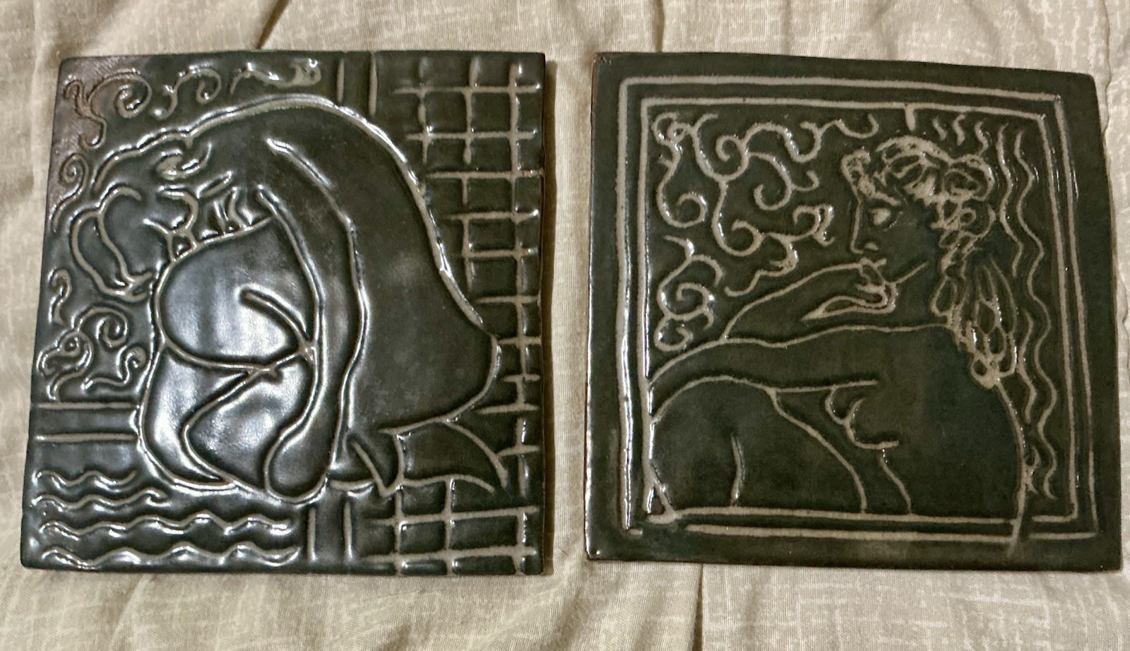 2 Vintage Handcrafted Nude Women Pottery Ceramic Art Tiles Signed Helen 93
