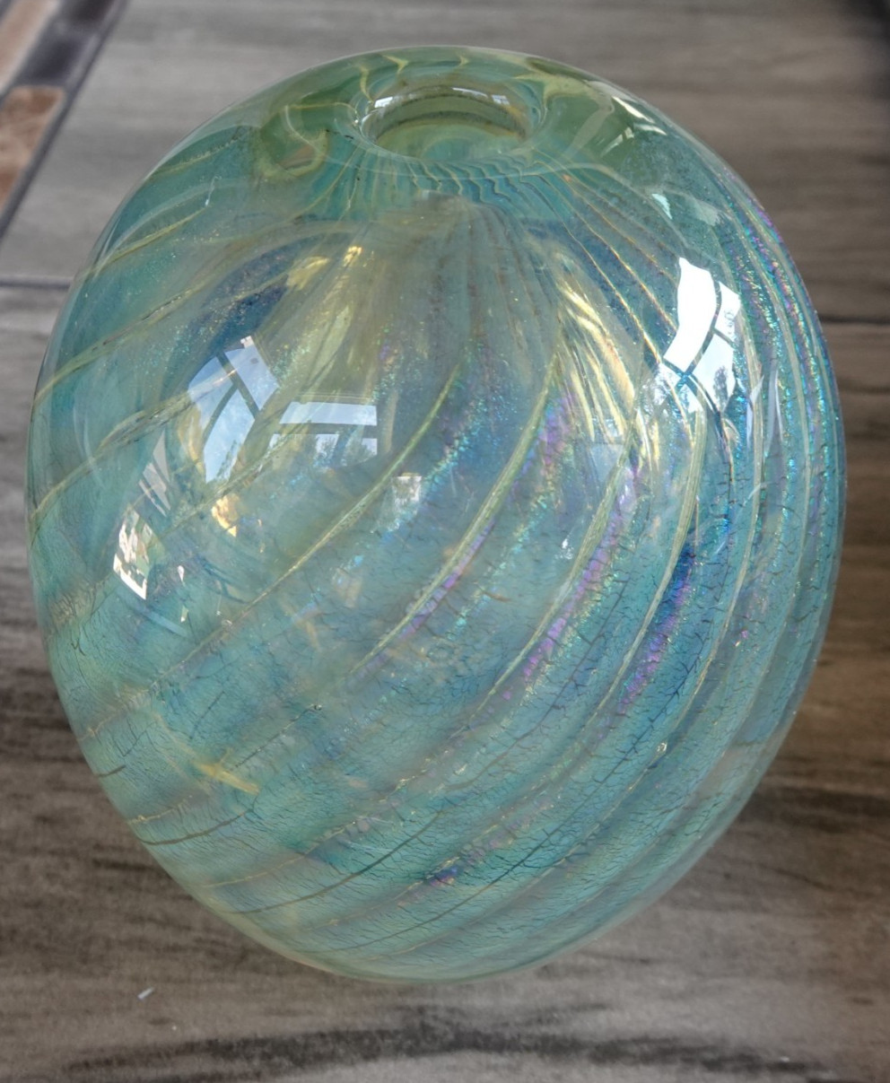 Signed Robert Eickholt 1984 Art Glass Dichroic Opal Swirl Perfume Bottle Vase