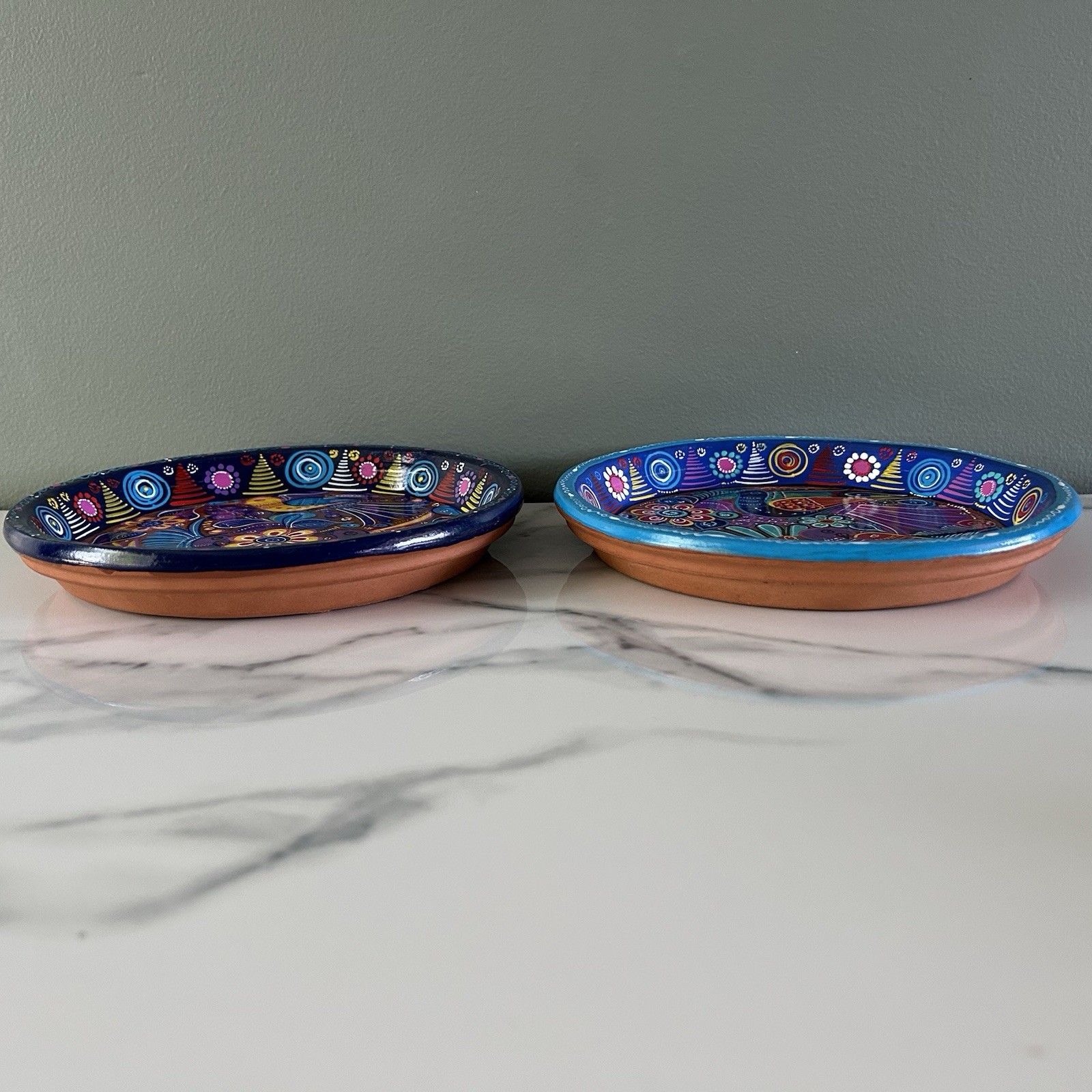 Hand-Painted Italian Terracotta Pottery Mexican Folk Art Style 3 Piece Set