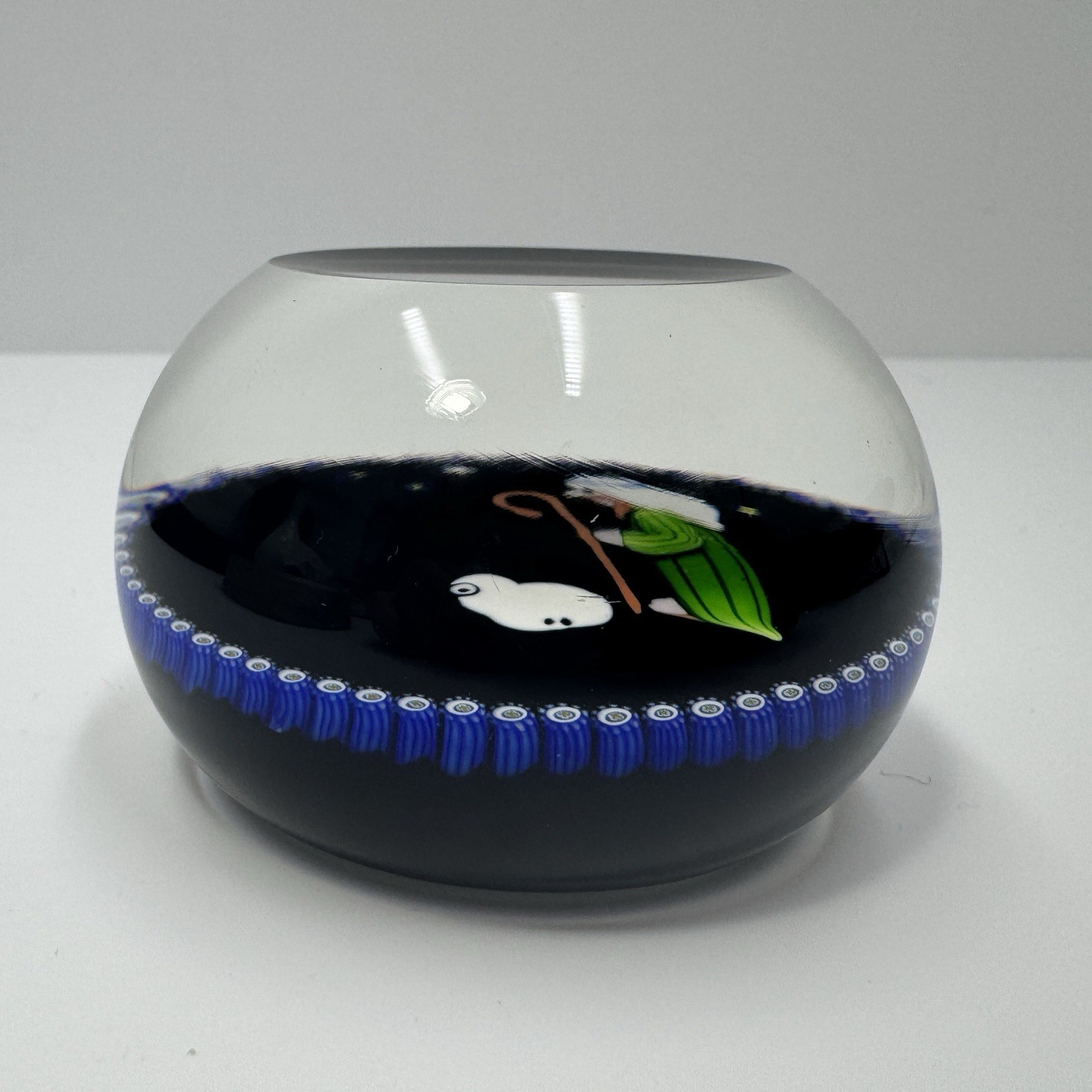 1982 Perthshire Art Glass Paperweight Christmas Shepherd & Lamb Faceted Signed P