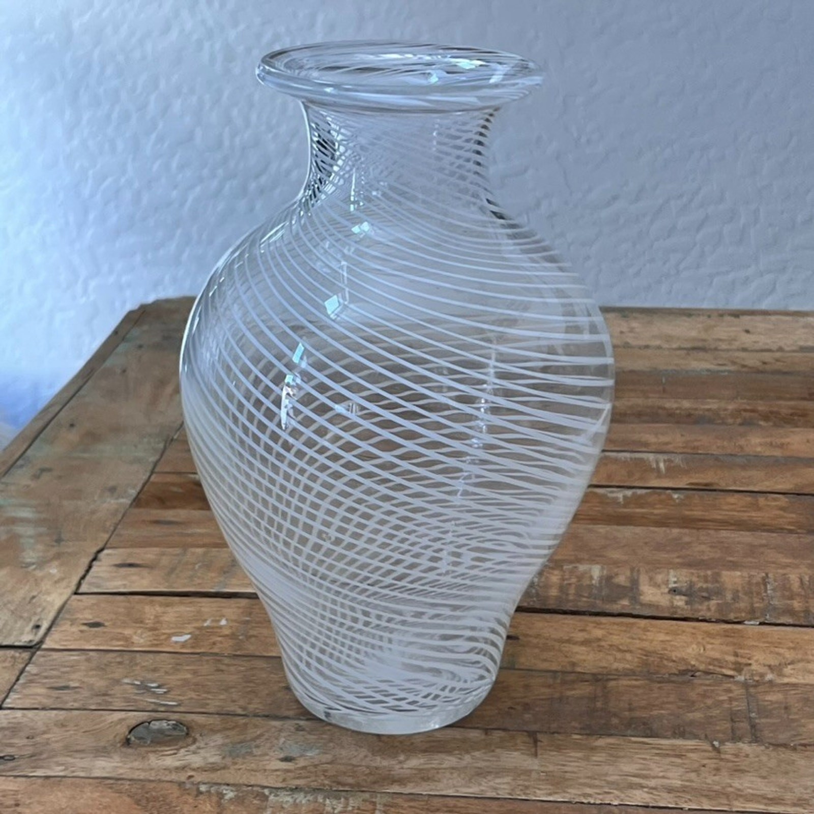 Hand Blown Italian Mezza Filigrana Murano Glass Vase 10.5″ Tall MCM Minimalist