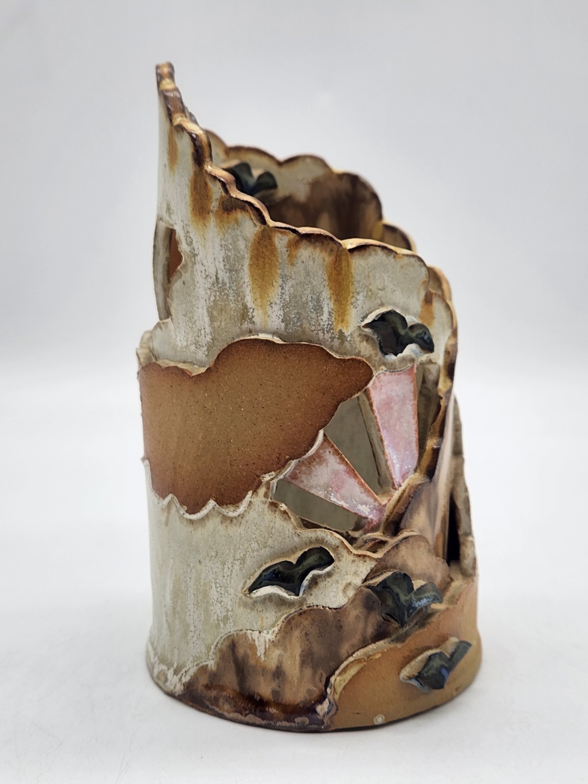 Studio Art Pottery Clay Candle Holder Wrapped Luminary Lantern Sun Clouds Birds