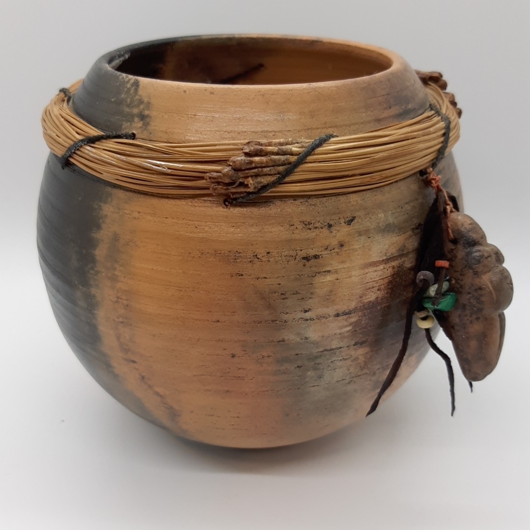 Signed Ceramic Pottery 5″ Pot With Pine Needles, Fetish, Natural Stones 1994