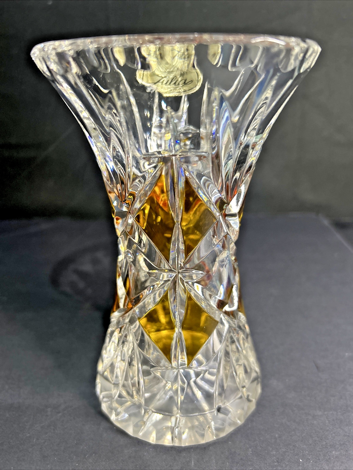 Julia Glassworks Cut Crystal Vase Honey Amber Accents – 6″x3.75” Made In Poland