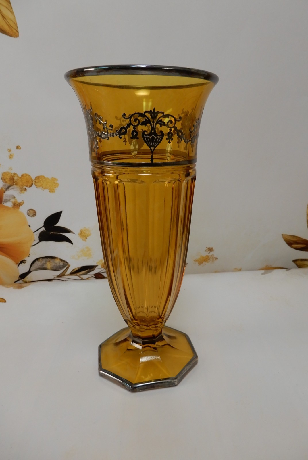 Vintage Antique Amber Glass Tall Vase w/ Silver Overlay Decoration