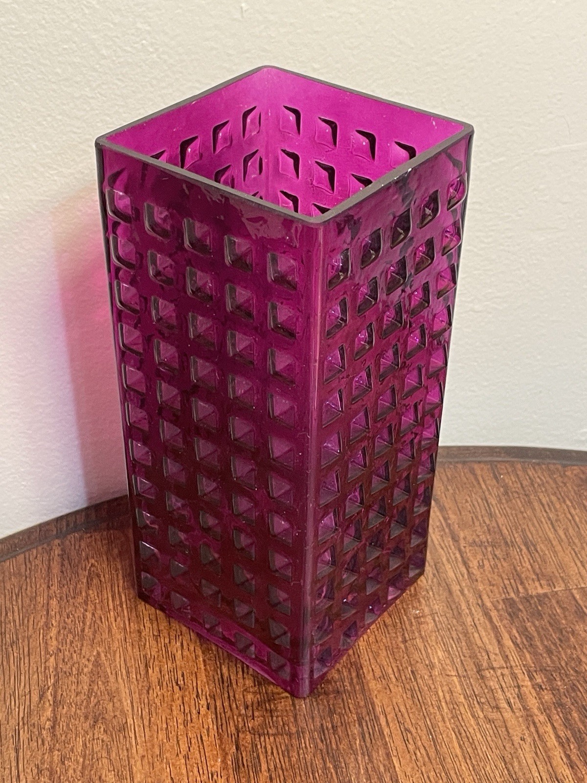 Vintage Amethyst Pink Glass Vase 8.75″ Rectangular Geometric Textured Cube