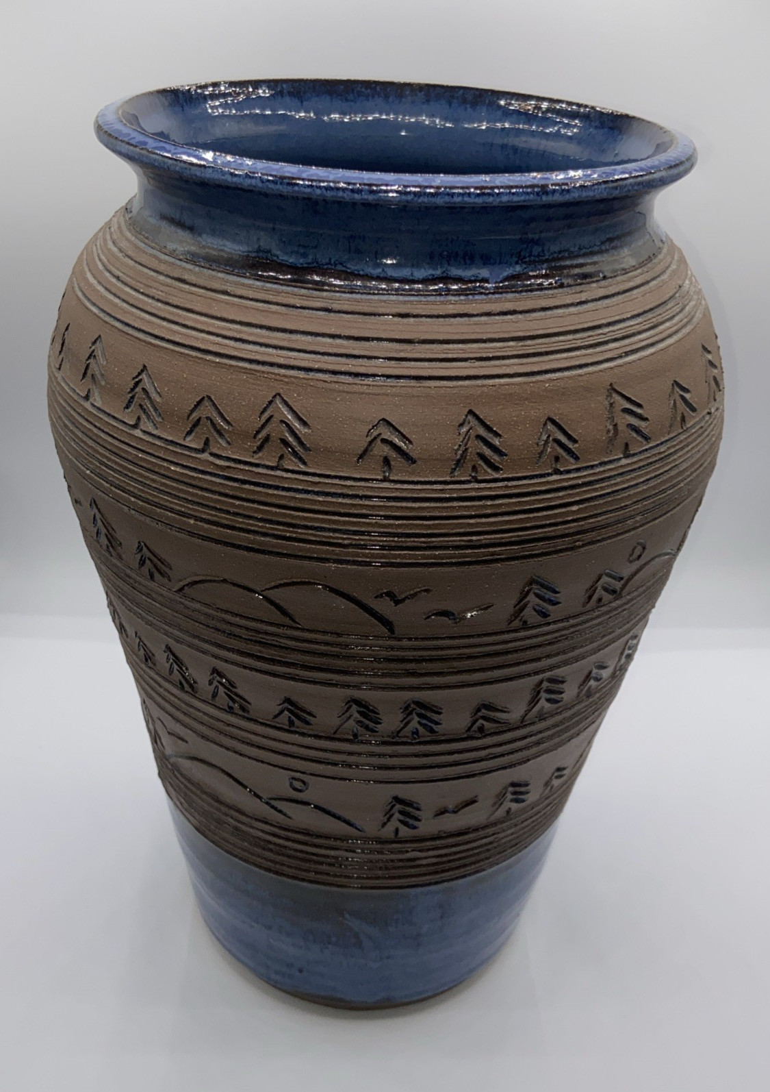 12 7/8″ Hand Thrown Signed Planter Pot Vase blue and natural clay incised scene