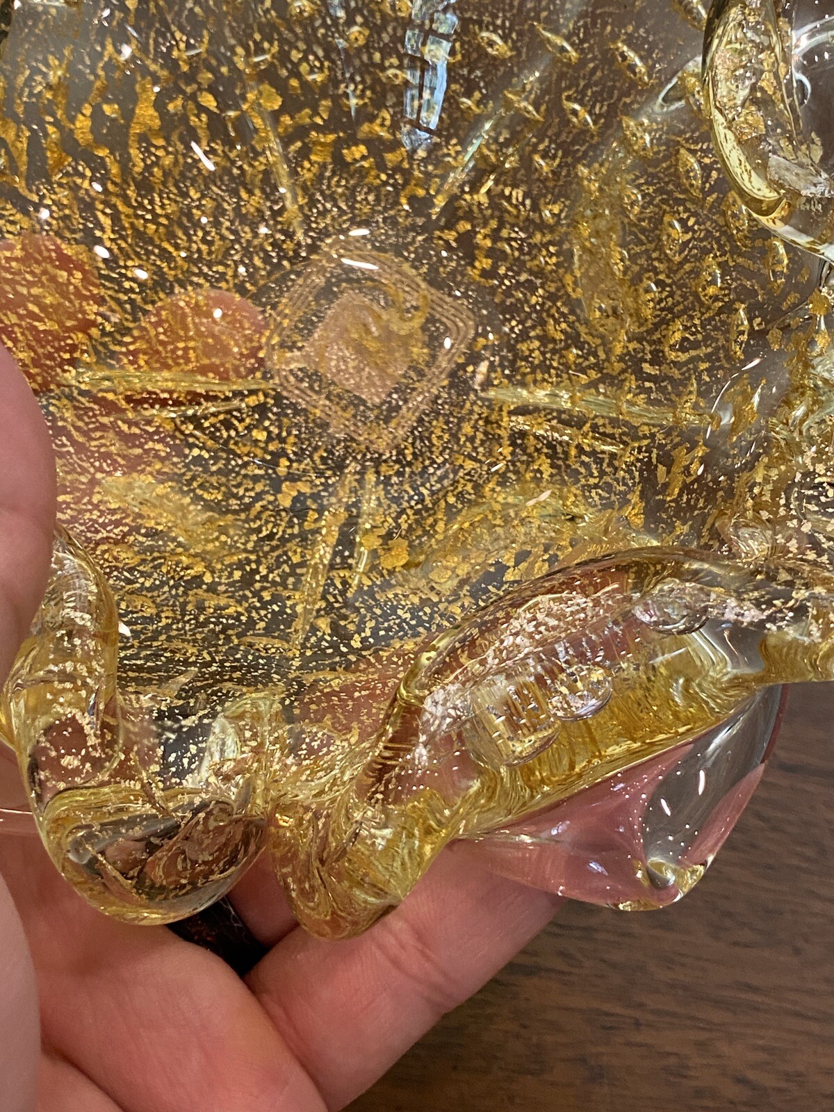 STUNNING VTG BAROVIER & TOSO Murano Gold & Clear Aventurine Glass Ashtray 6.5″W