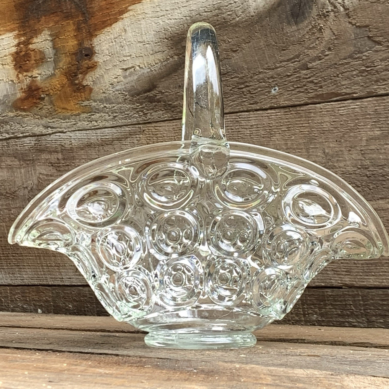 Glass Basket Clear Bowl Vase Thousand Eye by Smith Glass 11” Long Vtg Grannycore