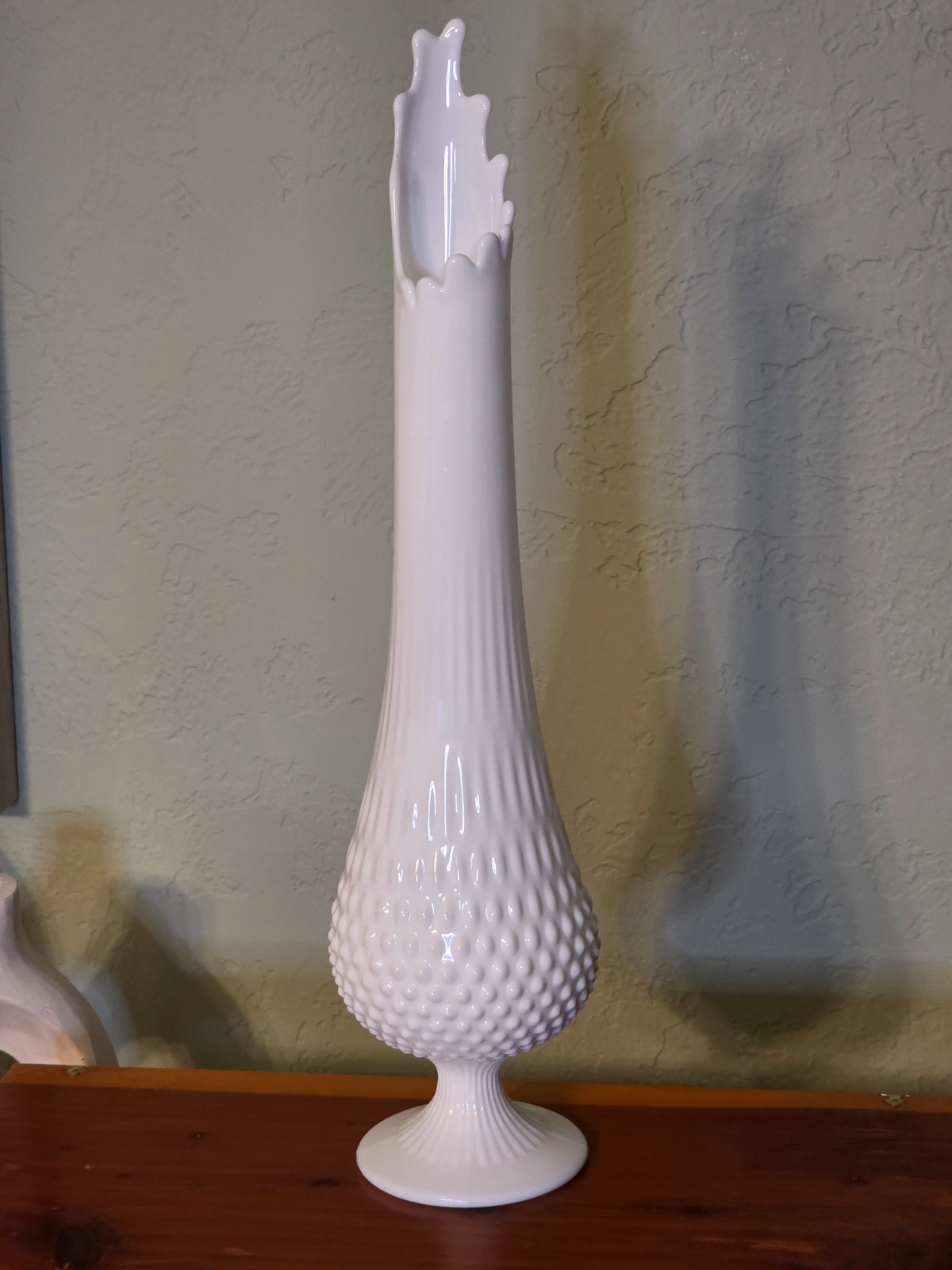 Vintage Fenton Hobnail Milk Glass Pedestal Swung Floor Vase 20.5″ Large Tall MCM