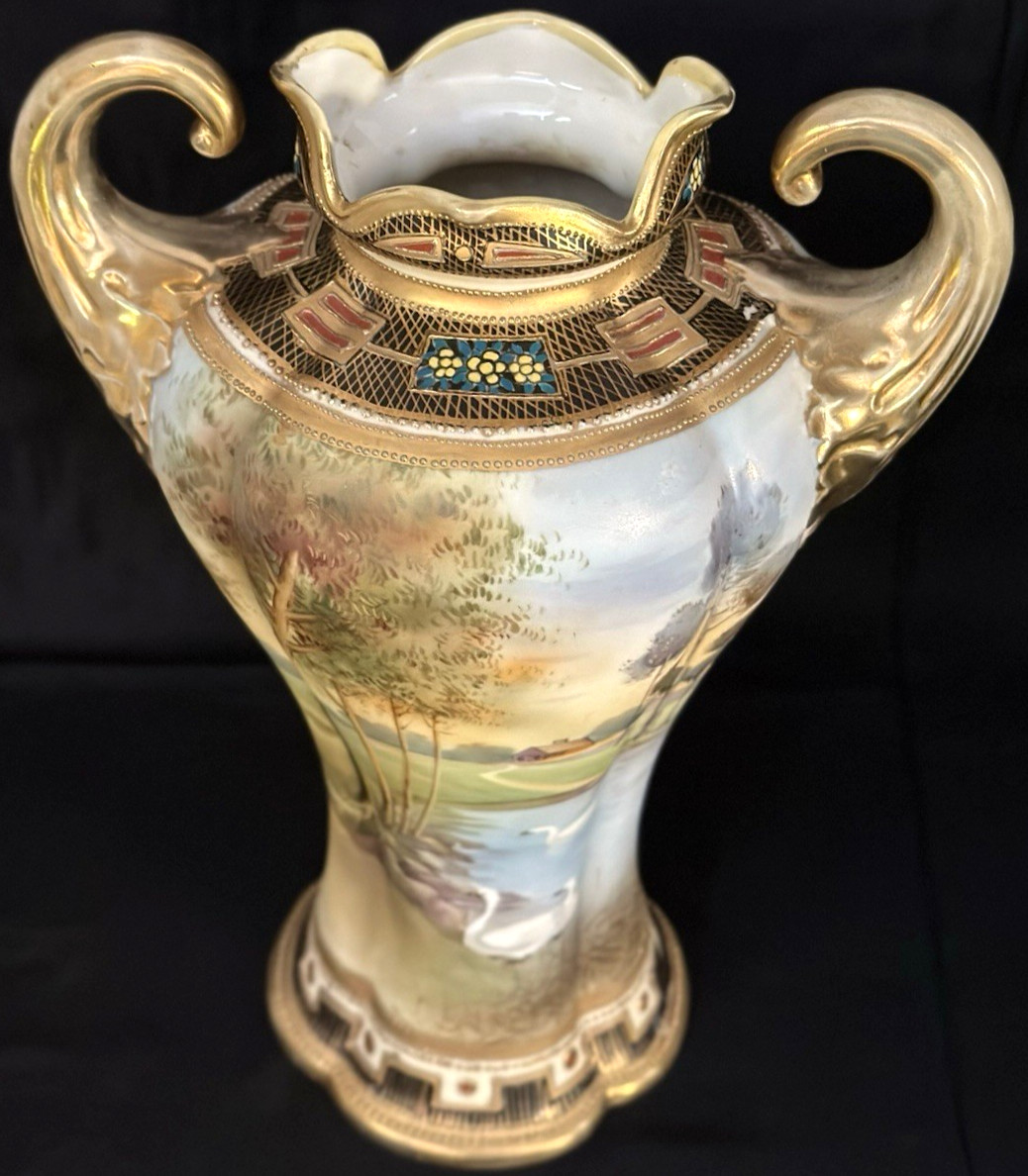 NIPPON 11″ VASE WITH SWAN SCENE & GILT HANDLES….SIGNED & MINT!