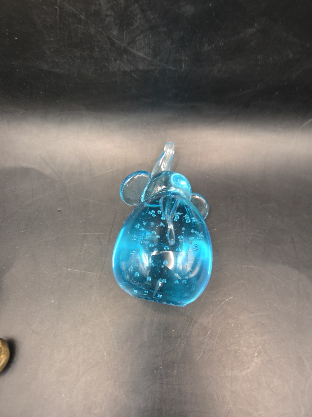 Vintage Clear Blue Glass Elephant Trunk Up Figure Controlled Bubbles Paperweight