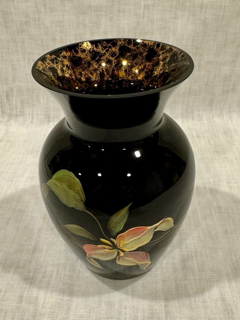 Fenton Vase Ebony Black and Gold Flowers, S 1097/2000, w/22k Mottled Gold, Rare