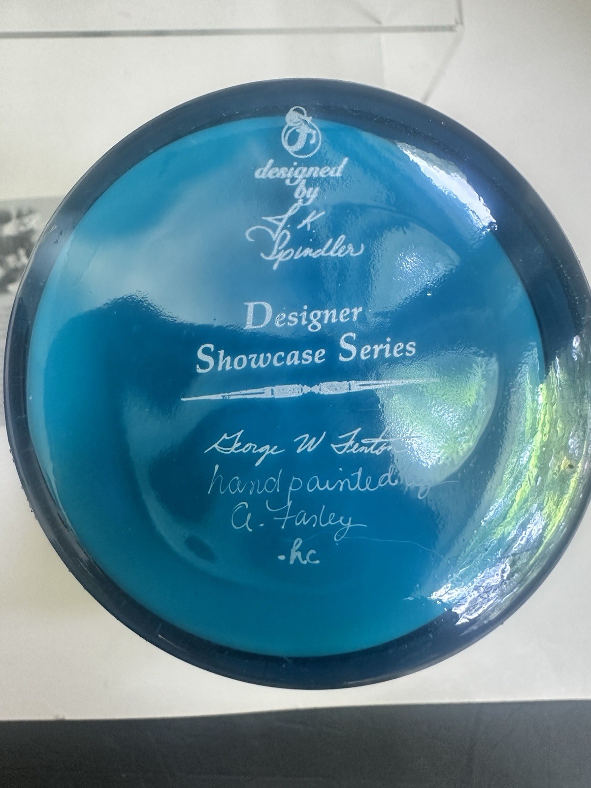 Fenton Designer Showcase Iridized Turquoise Overlay Koi Seascape Vase. Signed