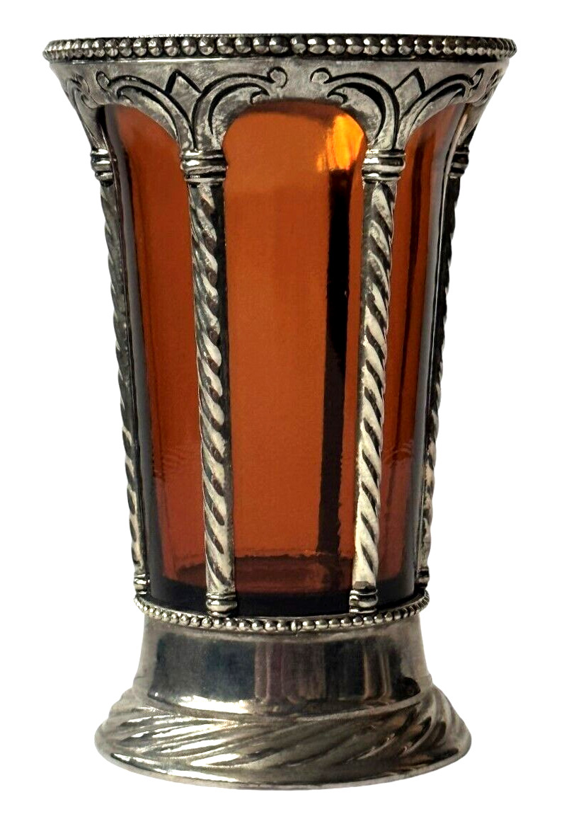French Neoclassical Amber Art Glass Tumbler With Decorative Silver-Plated Metal.