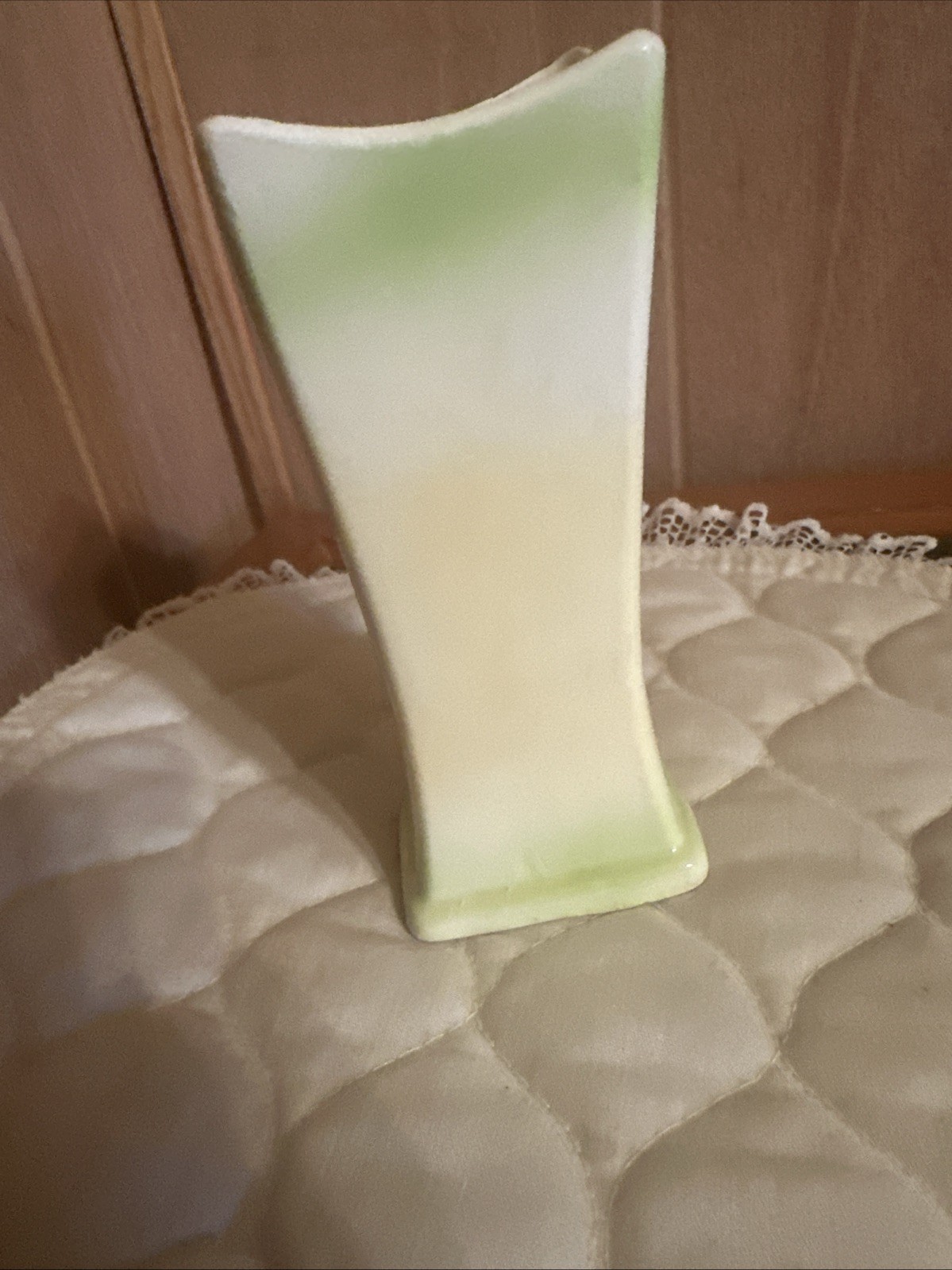 Vintage Rectangular Yellow Green Ceramic 6 Inch Vase With Flowers