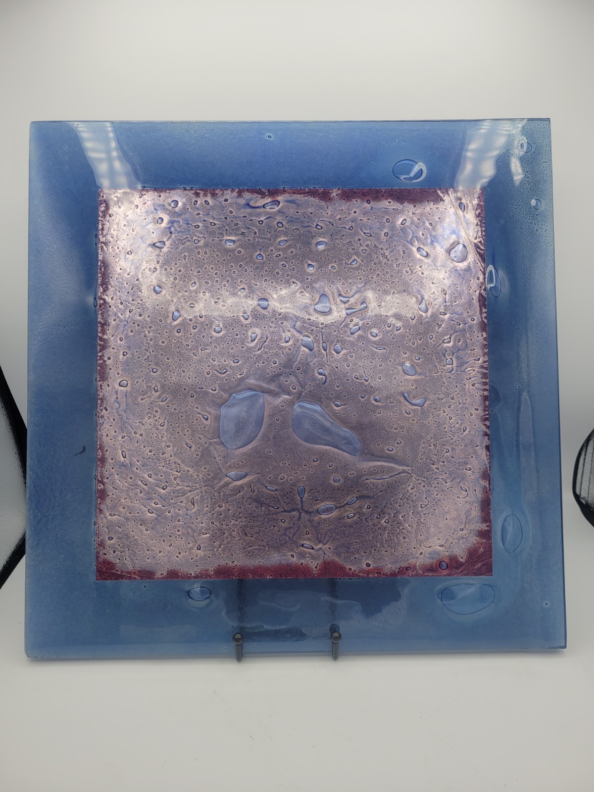 Fused Art Glass Square Dish Wall Plaque Panel Blue Purple Moonscape Iridescent
