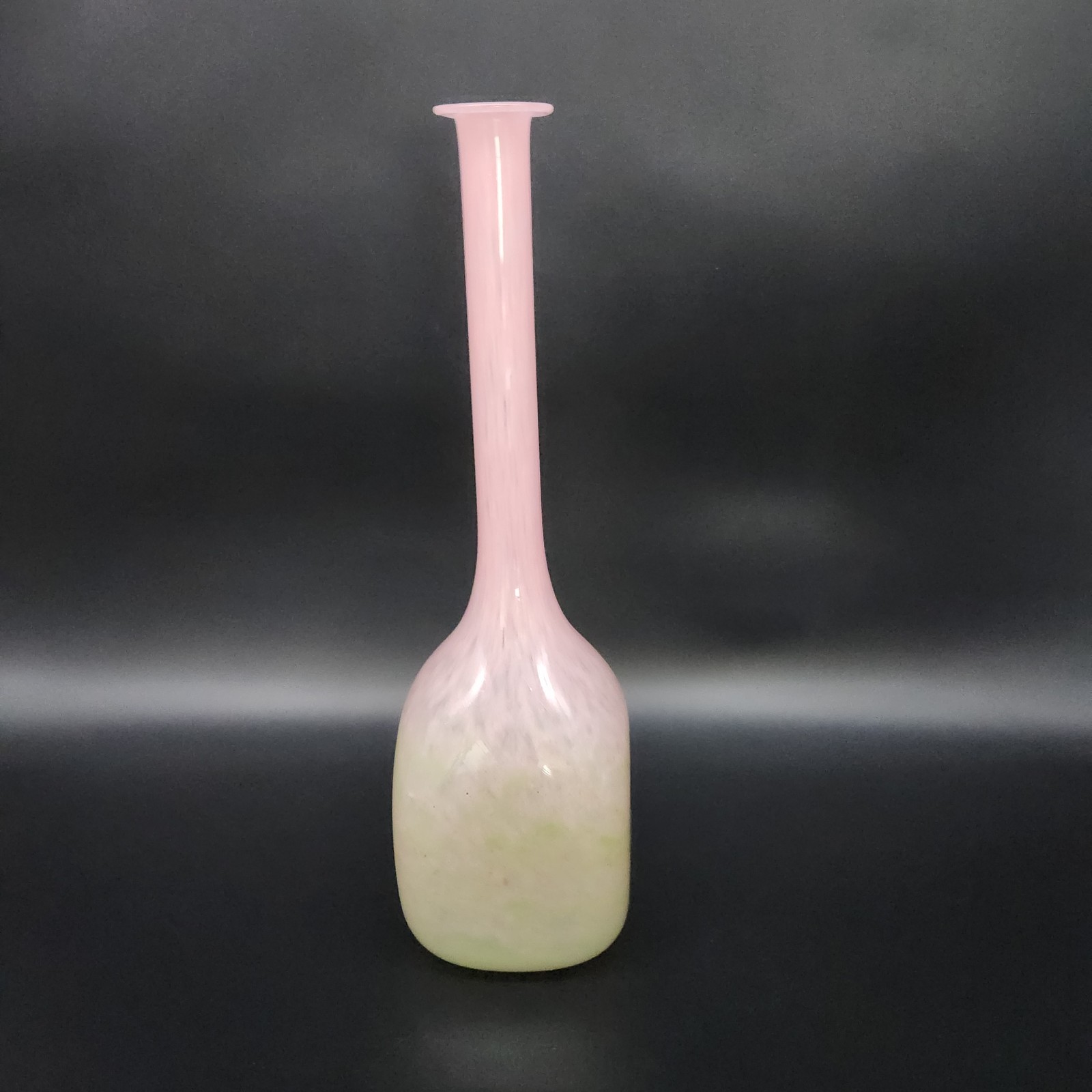 Pink Green Mottled Long Neck Art Glass Vase Home Decor 13″ Tall Square Base