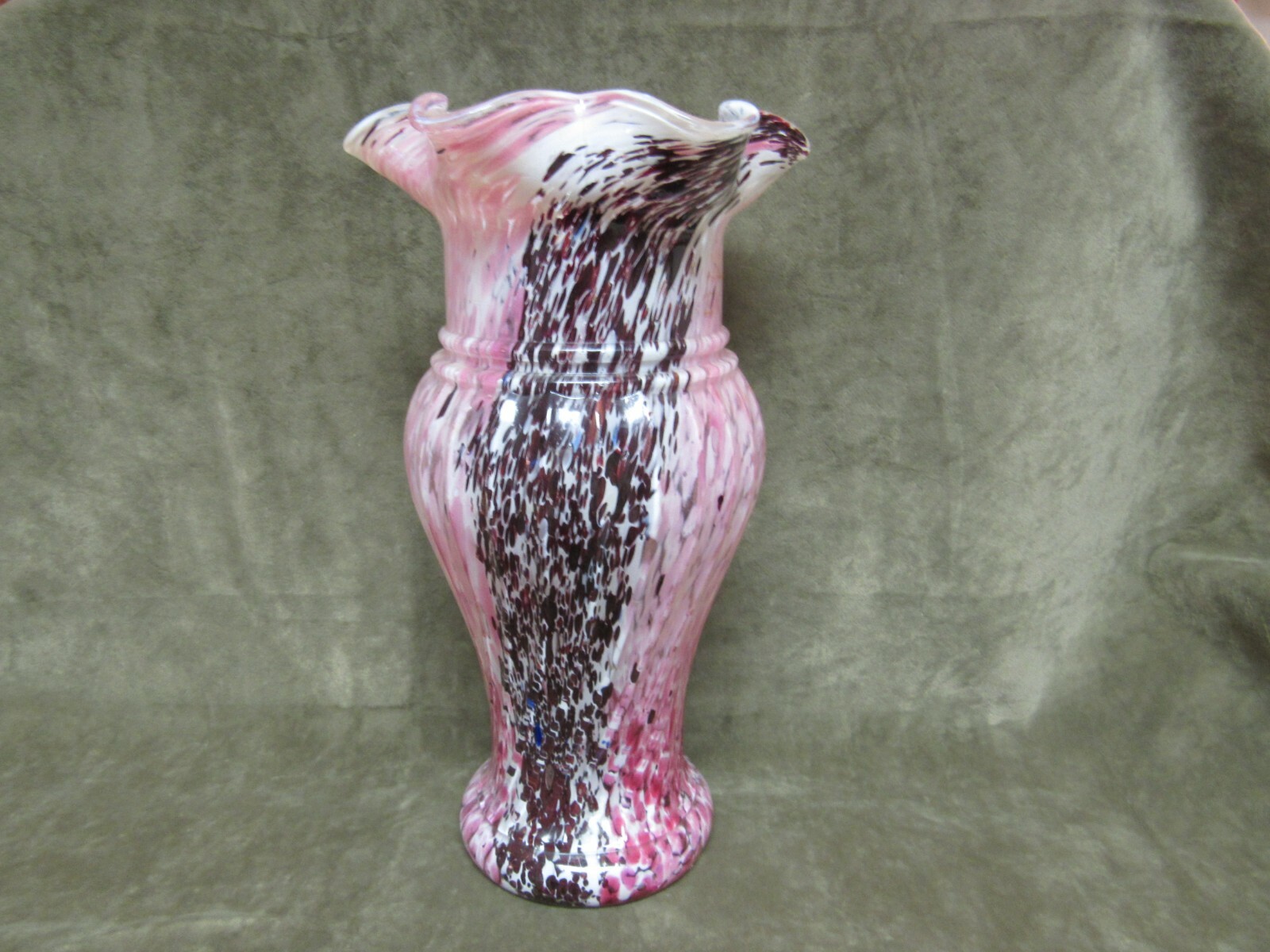 Vintage Tall Czechoslovakia Art Glass Pink Maroon White Blue Spatter Ruffle Vase