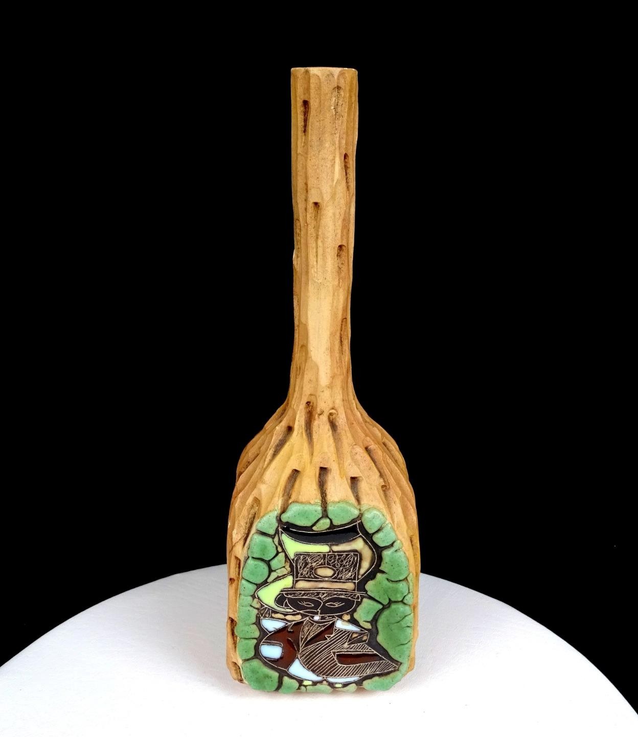 VINTAGE ITALIAN ART POTTERY FAUX WOOD ENAMEL PERSON IN SUIT 13 3/8″ BOTTLE VASE