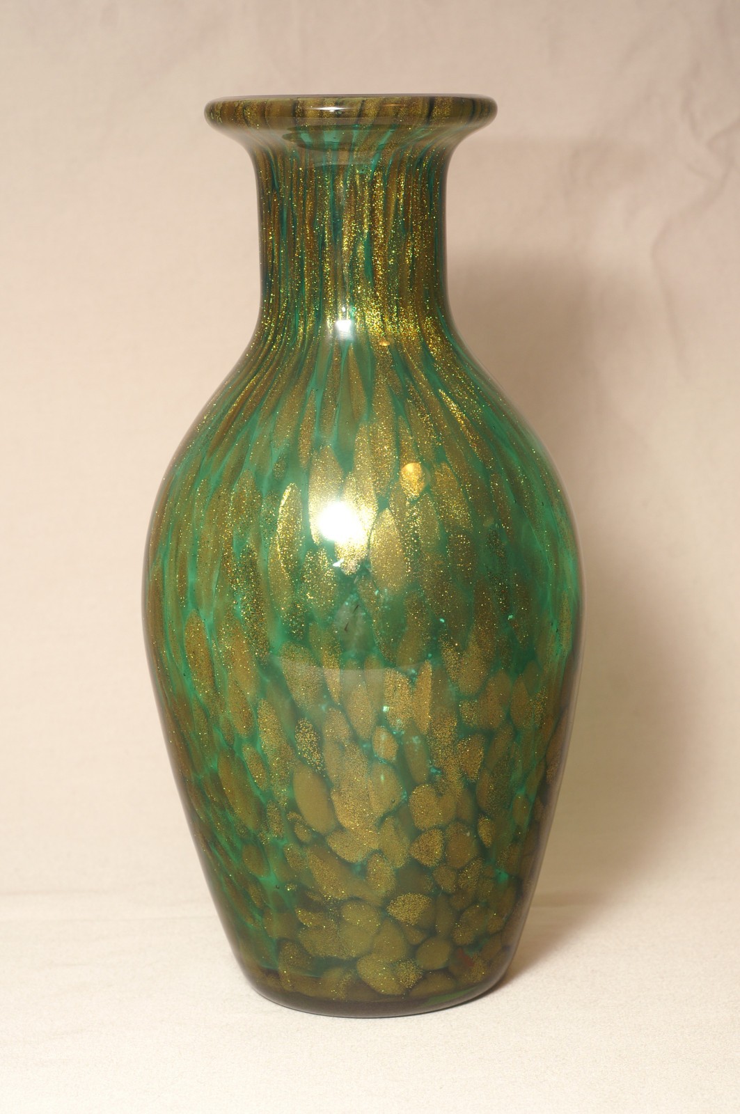 Murano Style Green with Aventurine Copper Flake Glass Vase