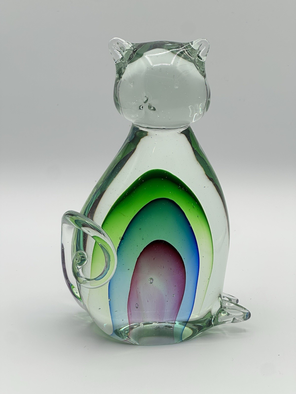 Sommerso Art Glass Cat Sculpture 7 5/8” Tall Burgundy Blue Green In Clear