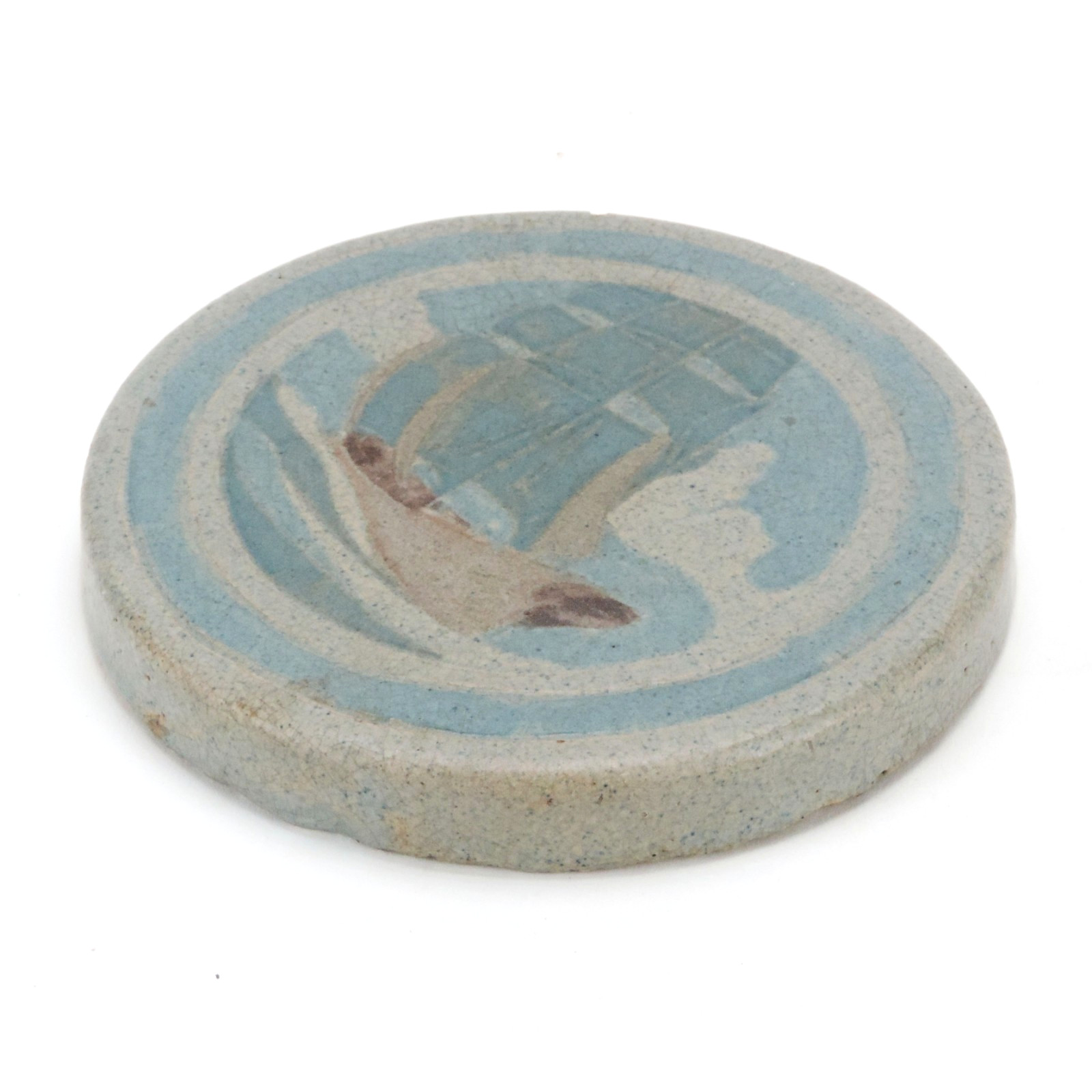Marblehead Pottery ship decorated 5.25″ dia trivet tile Arts & Crafts gray blue