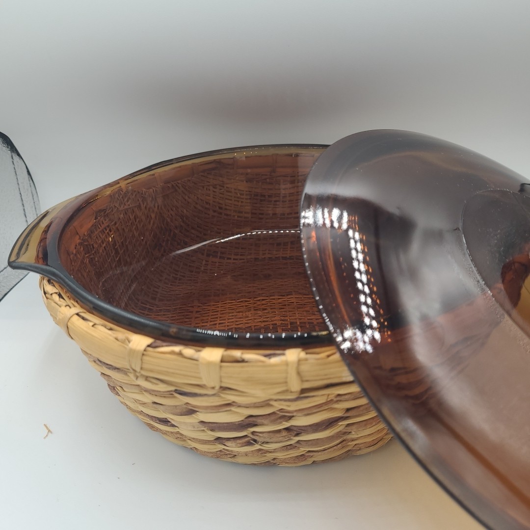 Anchor Hocking Fire King #438 2 Quart Amber Casserole Dish w Lid & Handmade 10″