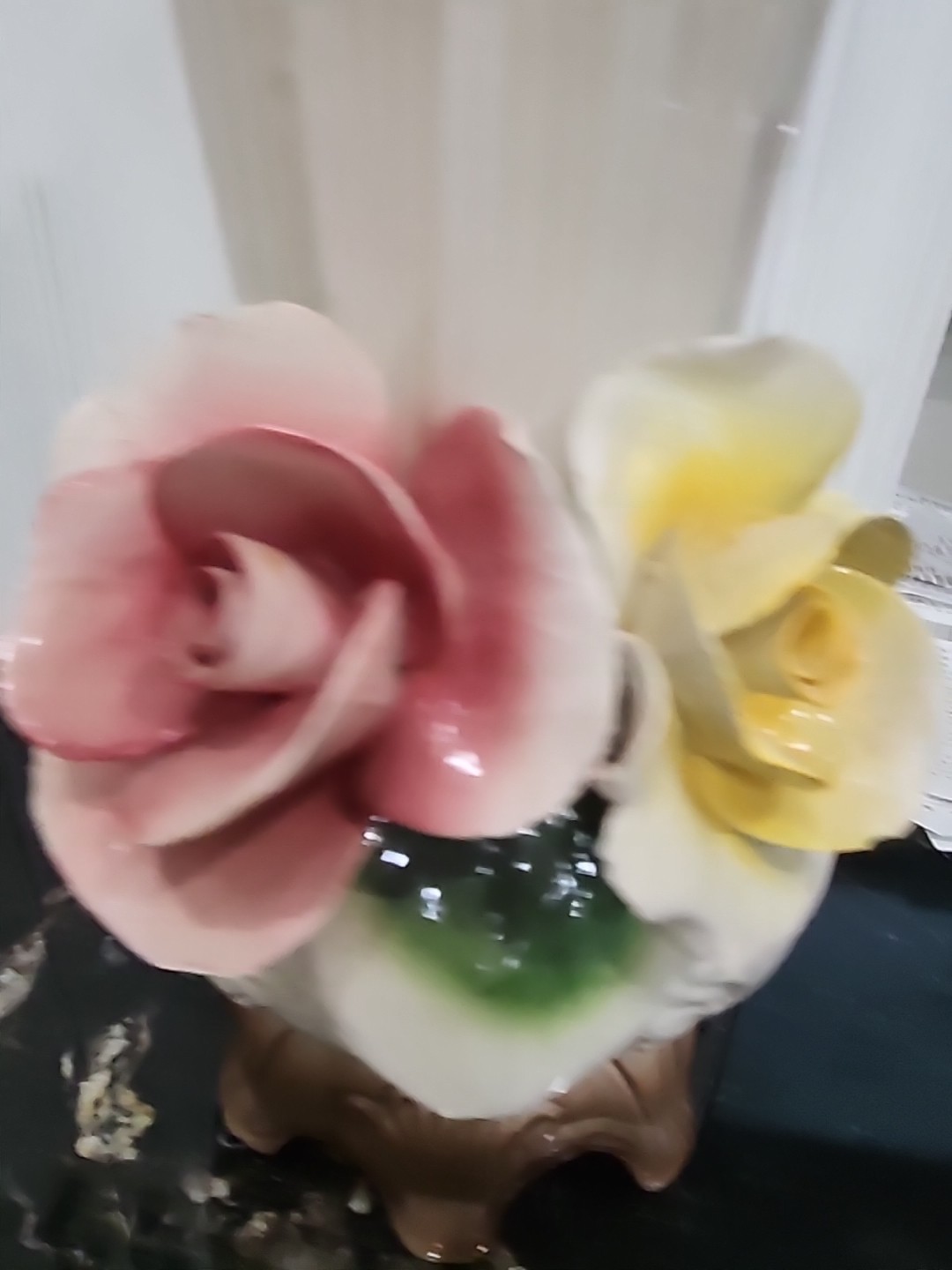 Vintage Italian Made NUOCA CAPODIMONTE Vase Pink and Yellow Flowers 14.5” tall