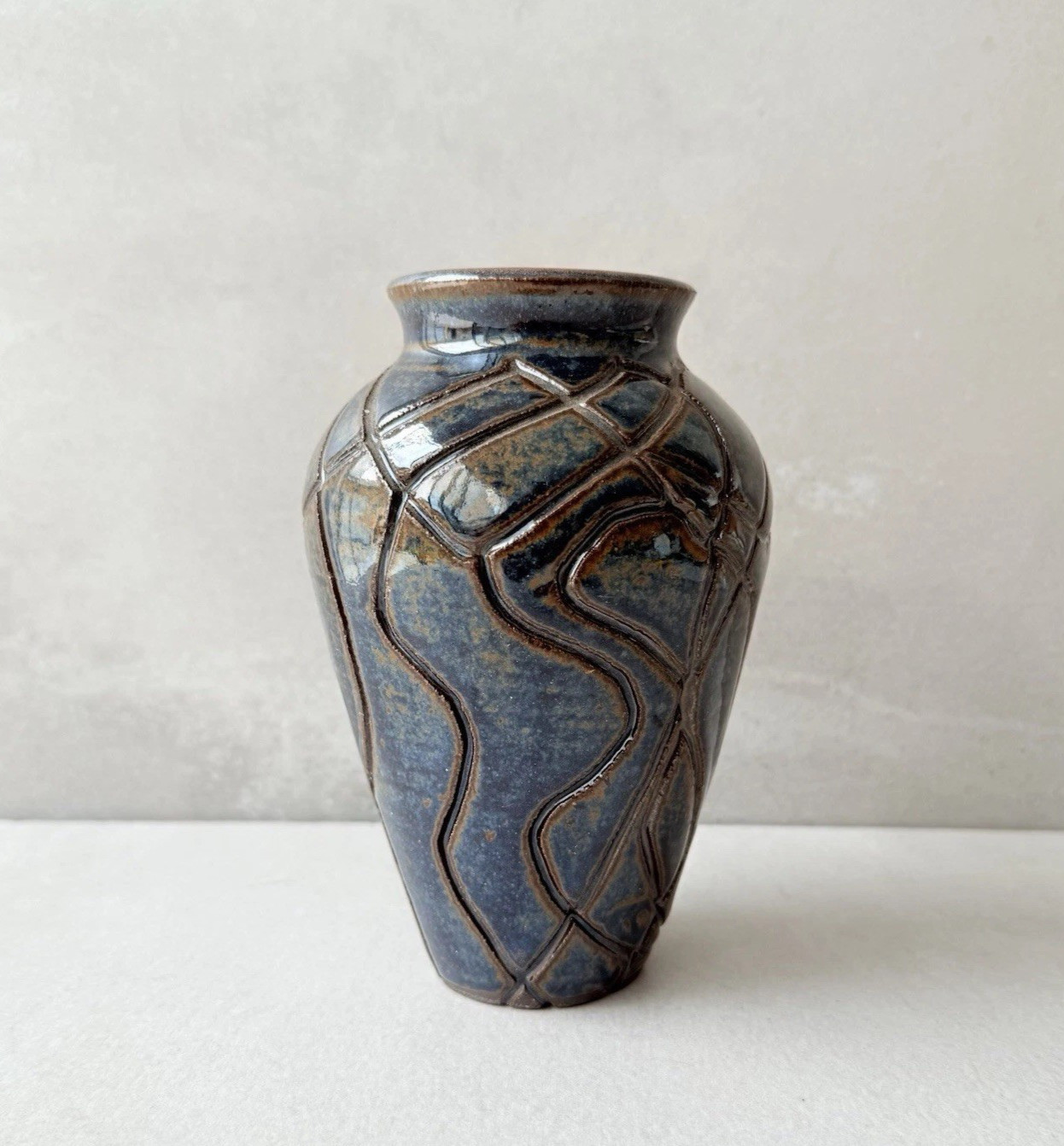 Studio Pottery Vase Blue Gray Stoneware Organic Modern 6.5”H Artist Signed