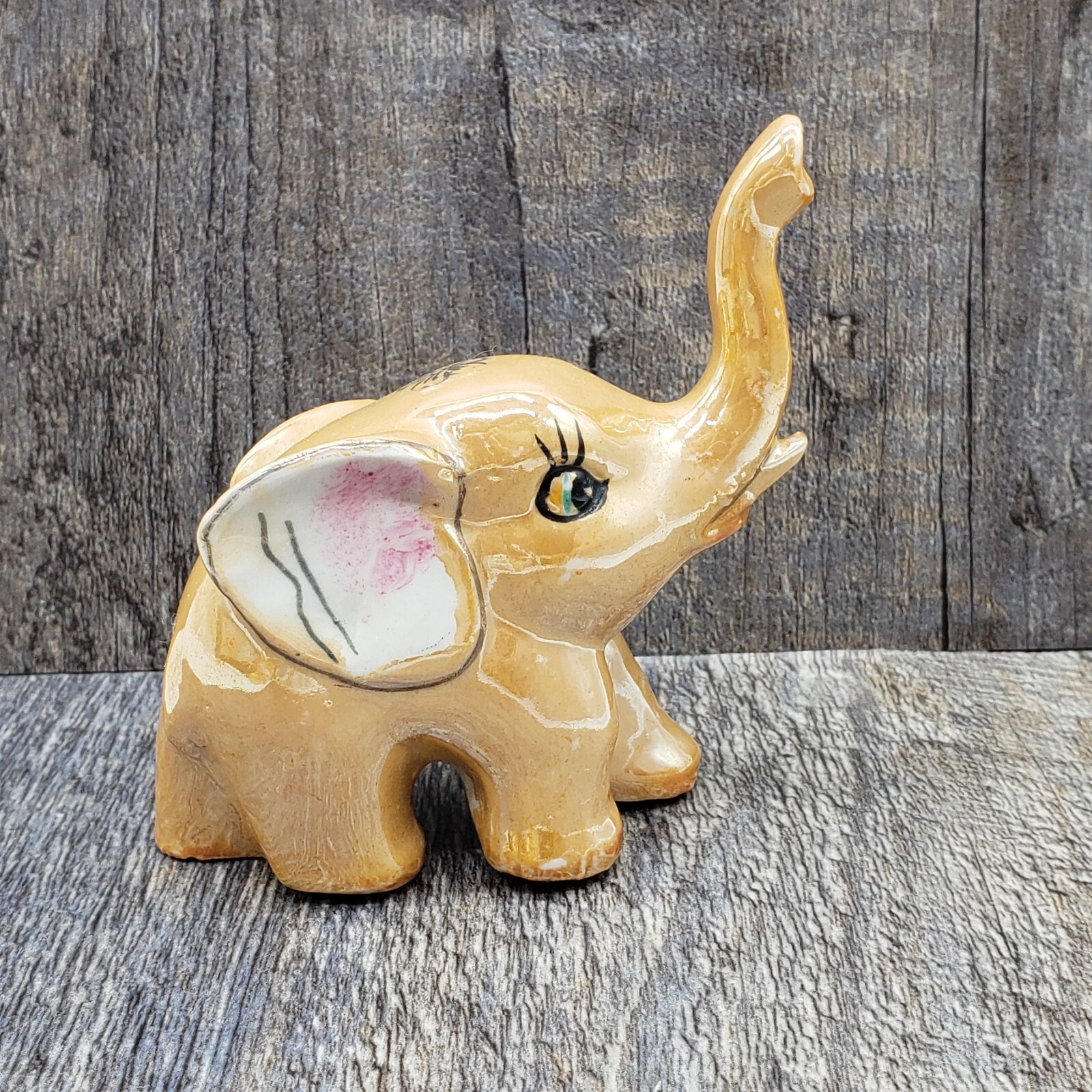 Orange Luster Ware 3 1/2″ Tall Elephant Trunk Up Figurine