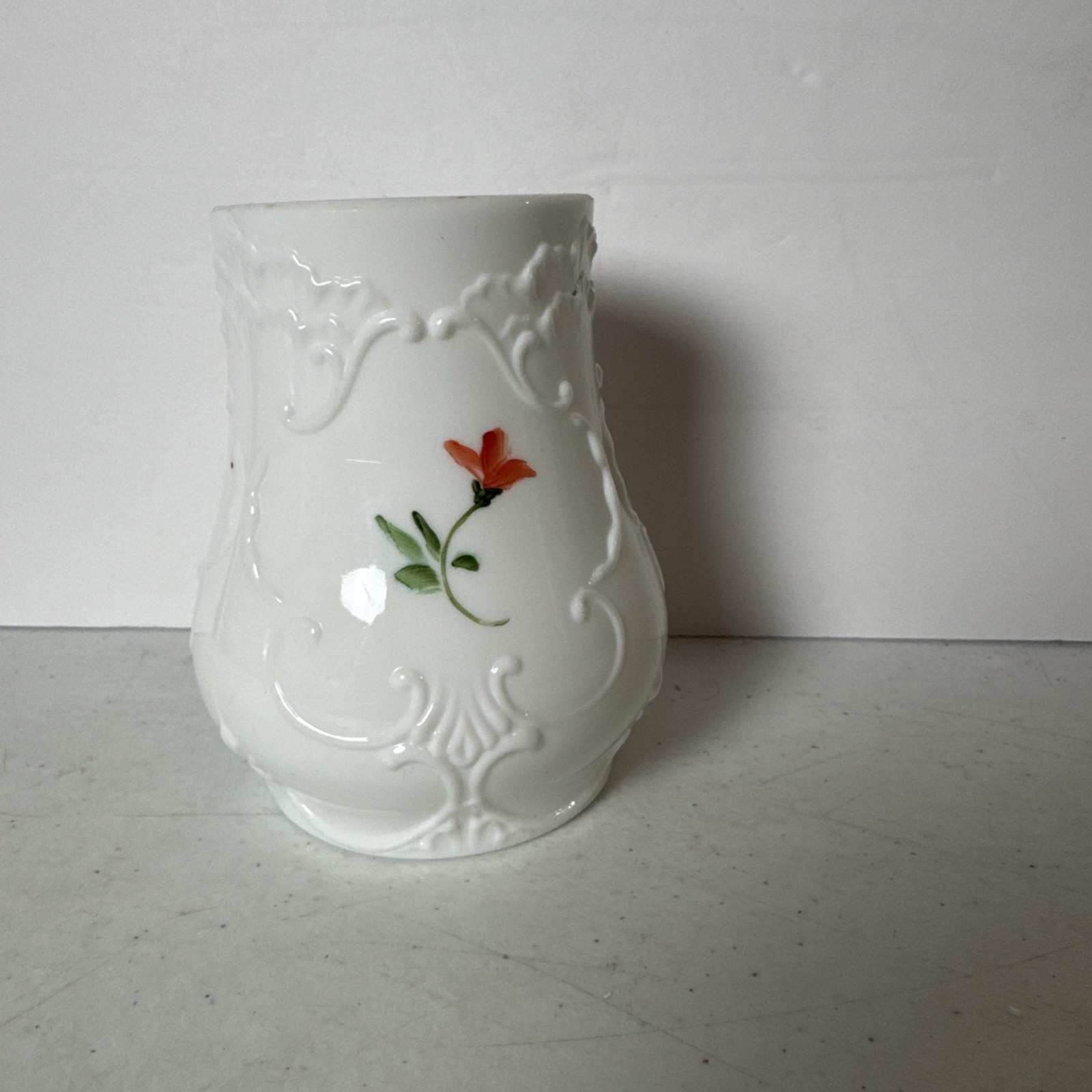 Vase White Milk Glass Handpainted with Red Roses & Scrolls 4-1/2 in.