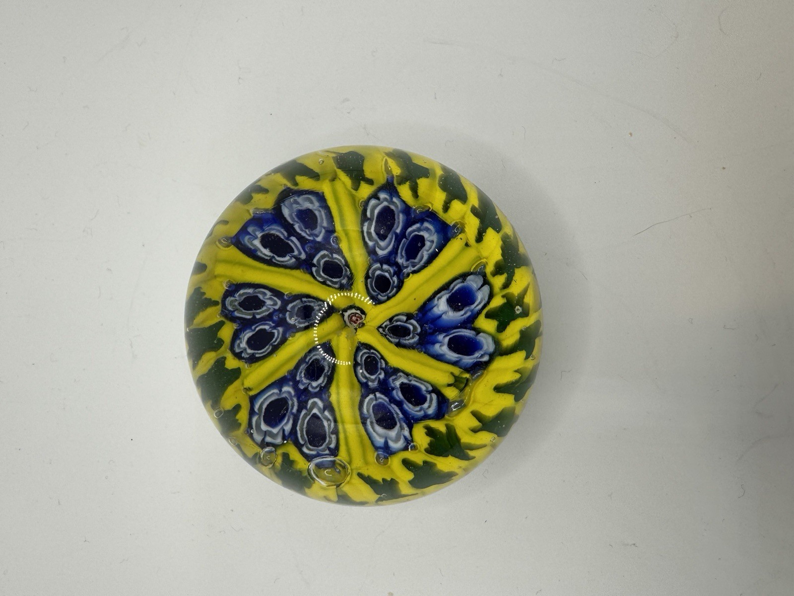 Art Glass Paperweight Millefiori-inspired Canes in blue, white, yellow, green