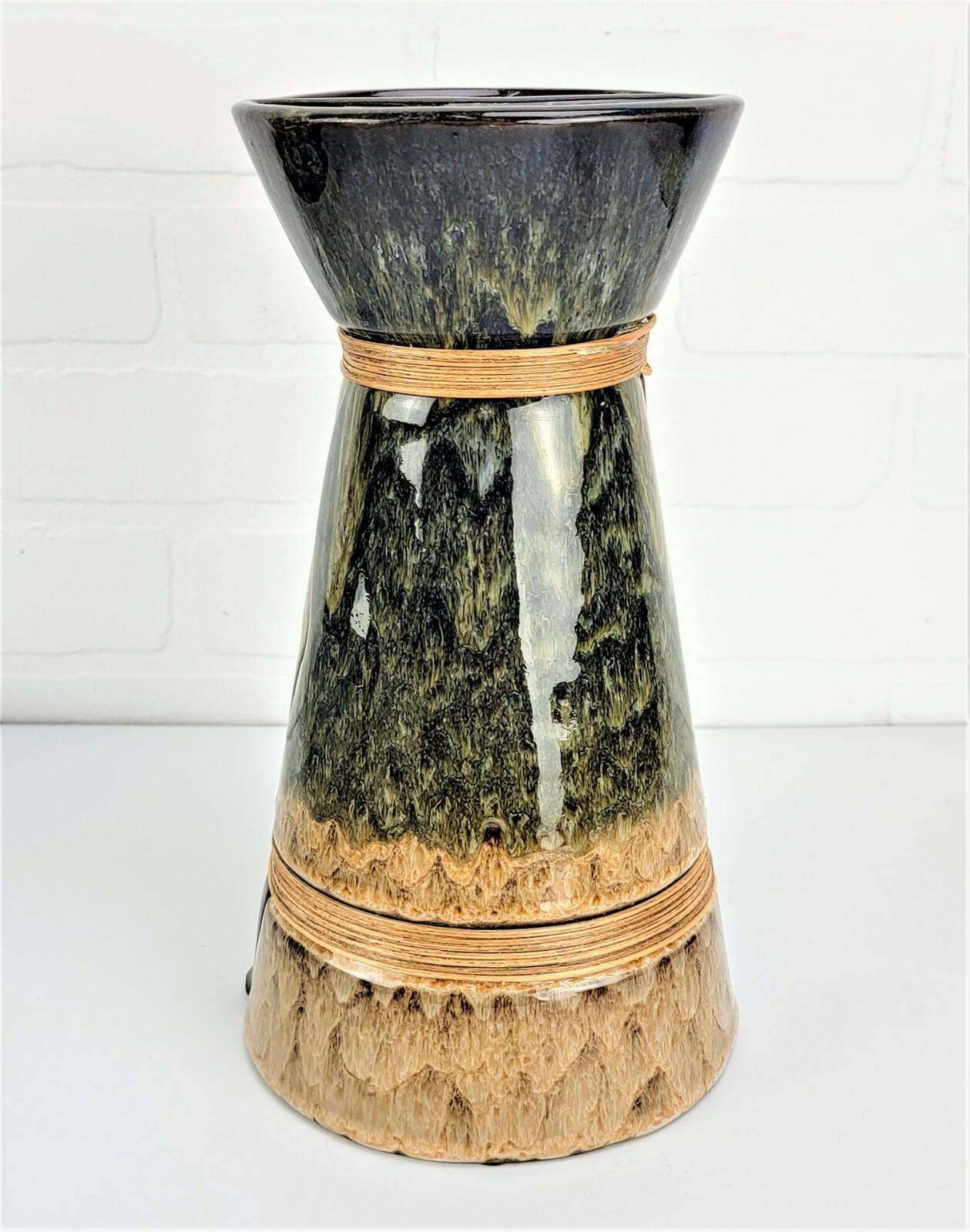Vintage Studio Art Pottery Double Bound Vase Olive Green Brown Yin Yang