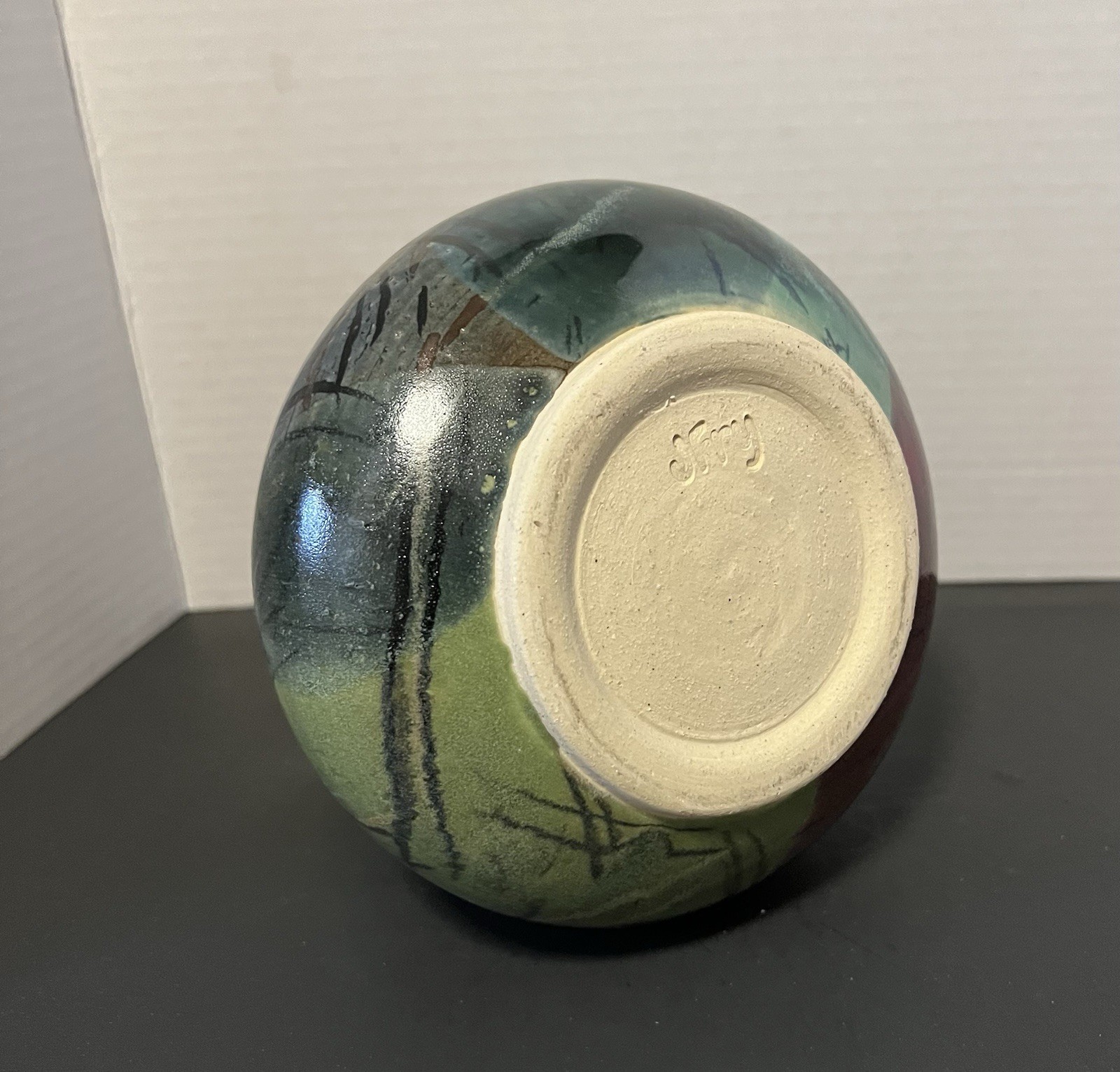 Studio Art Pottery HandPainted Vase Cranberry Green Bulbous Base 6”H Vintage_