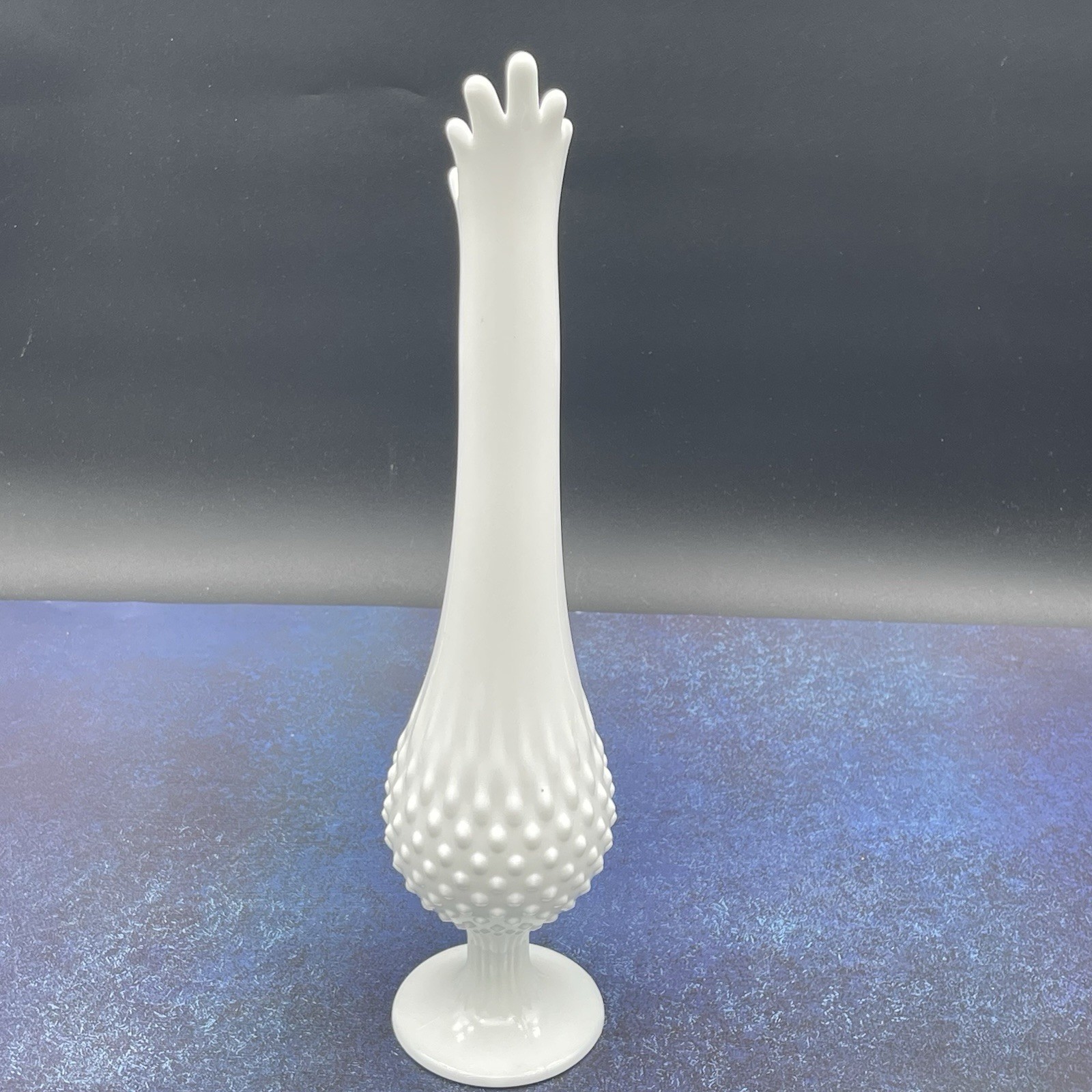 Fenton 15.75” Vintage White Milk Glass Vase Hobnail Swung MCM Signed