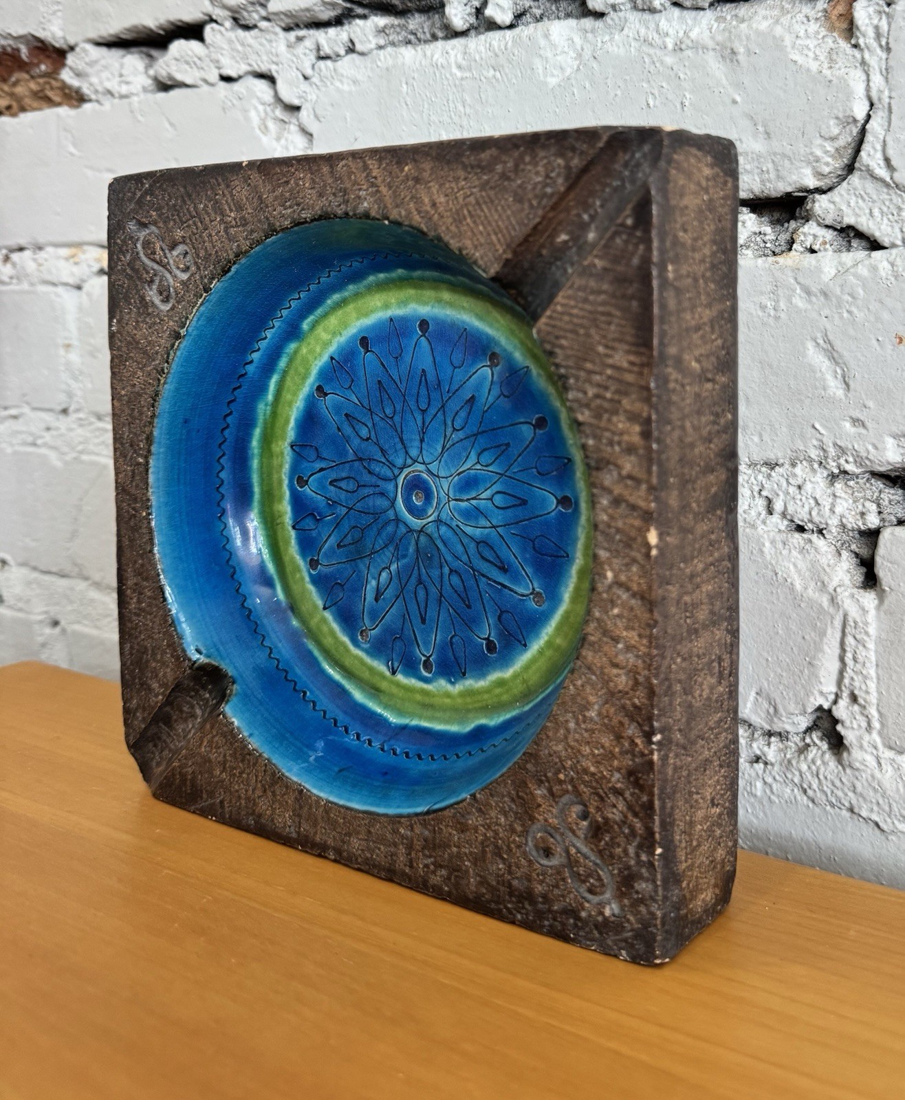 Bitossi Italy Pottery Modernist Square Ashtray Blue Green Medallion 1058B MCM