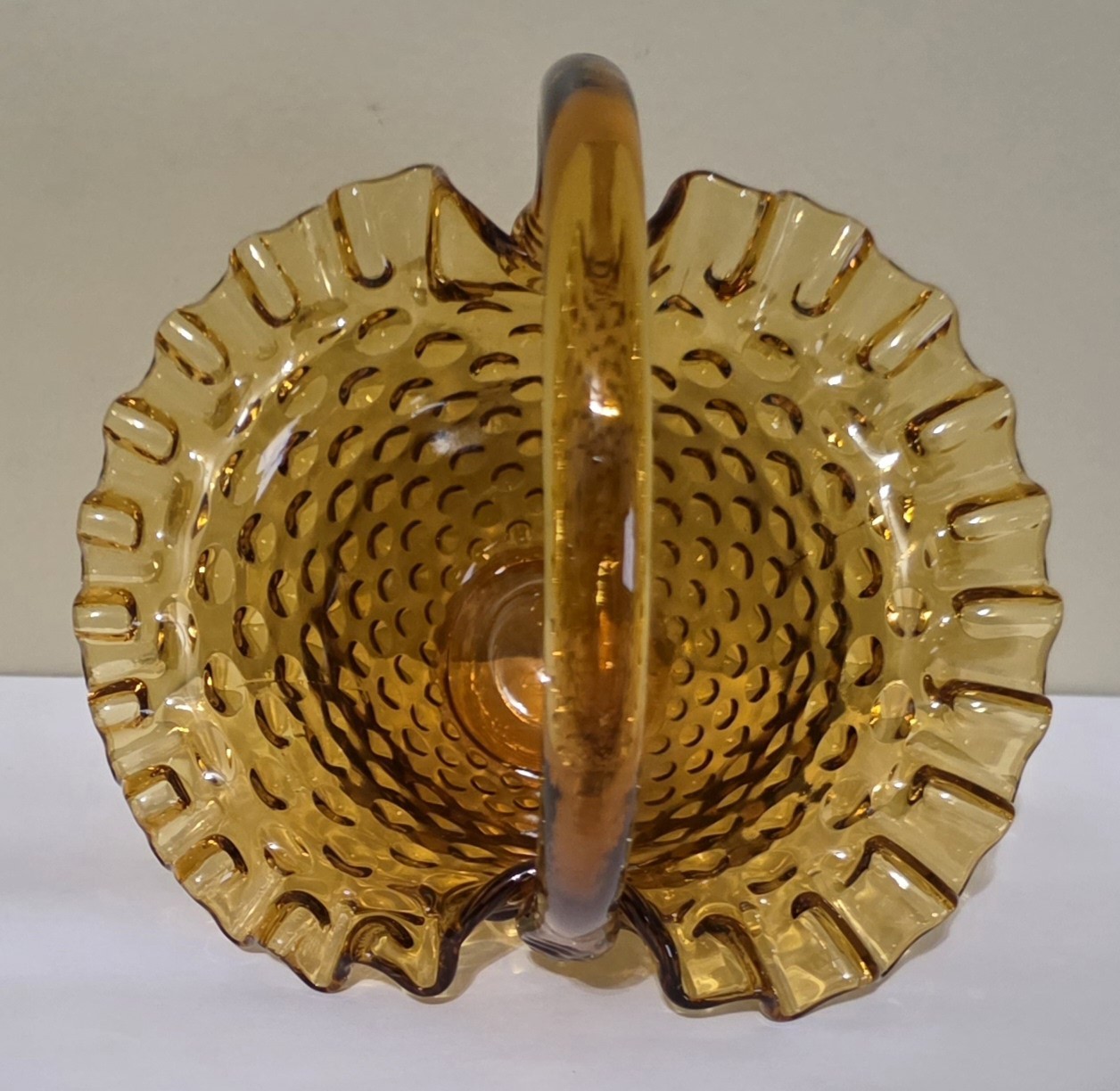Vintage Fenton Basket Hobnail Ruffle Handle 8″ Tall Amber Art Glass Candy Dish