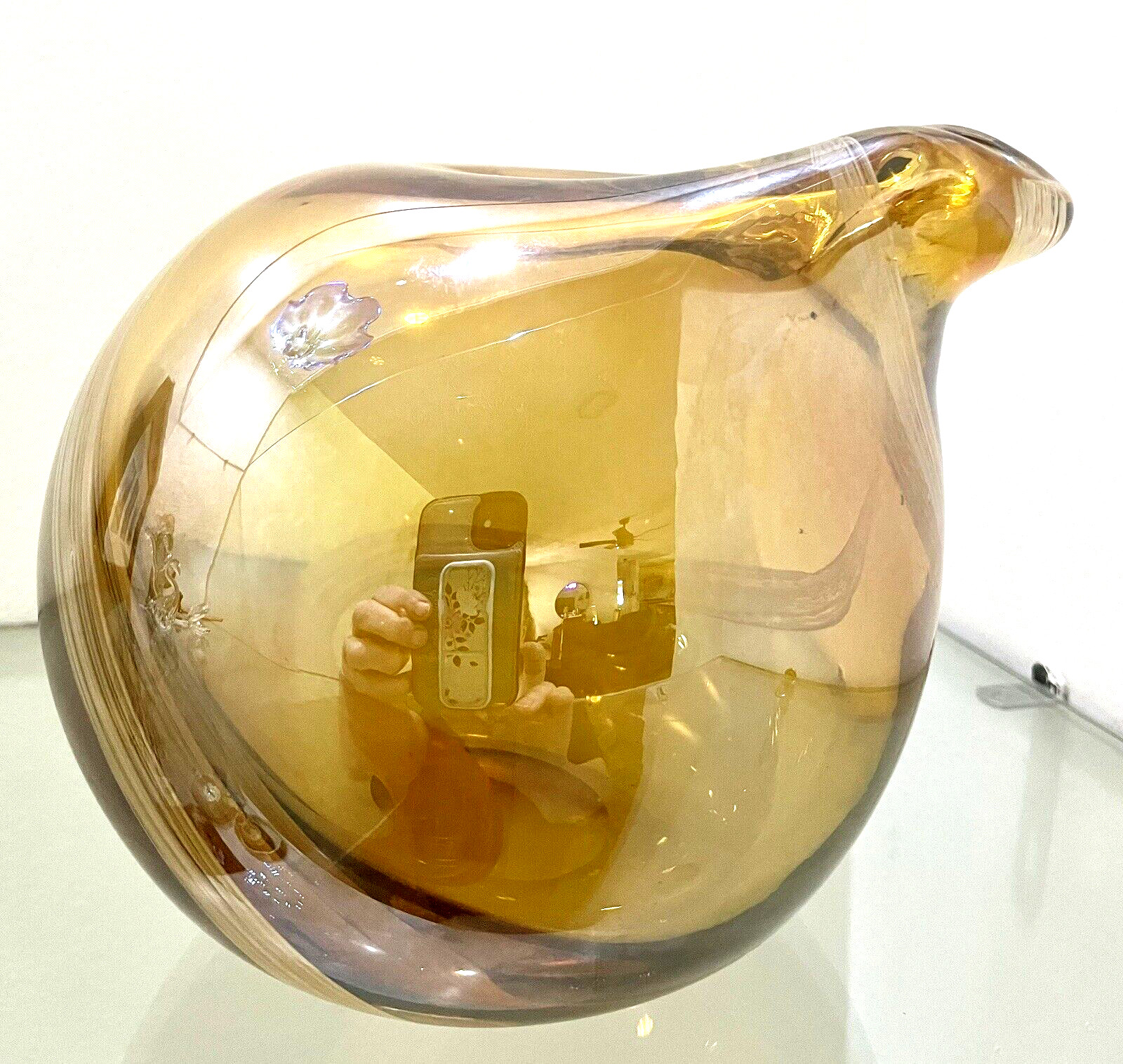 Amber W/White Swirl Heavy Hand Blown Art Glass Vase/Pitcher 5″ T x 6” W 3lb 7oz