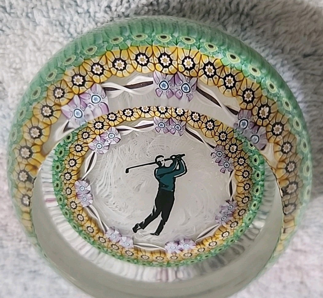 Vtg 1987 Perthshire Glass Paperweight Golfer Millefiori Lace Limited Edition