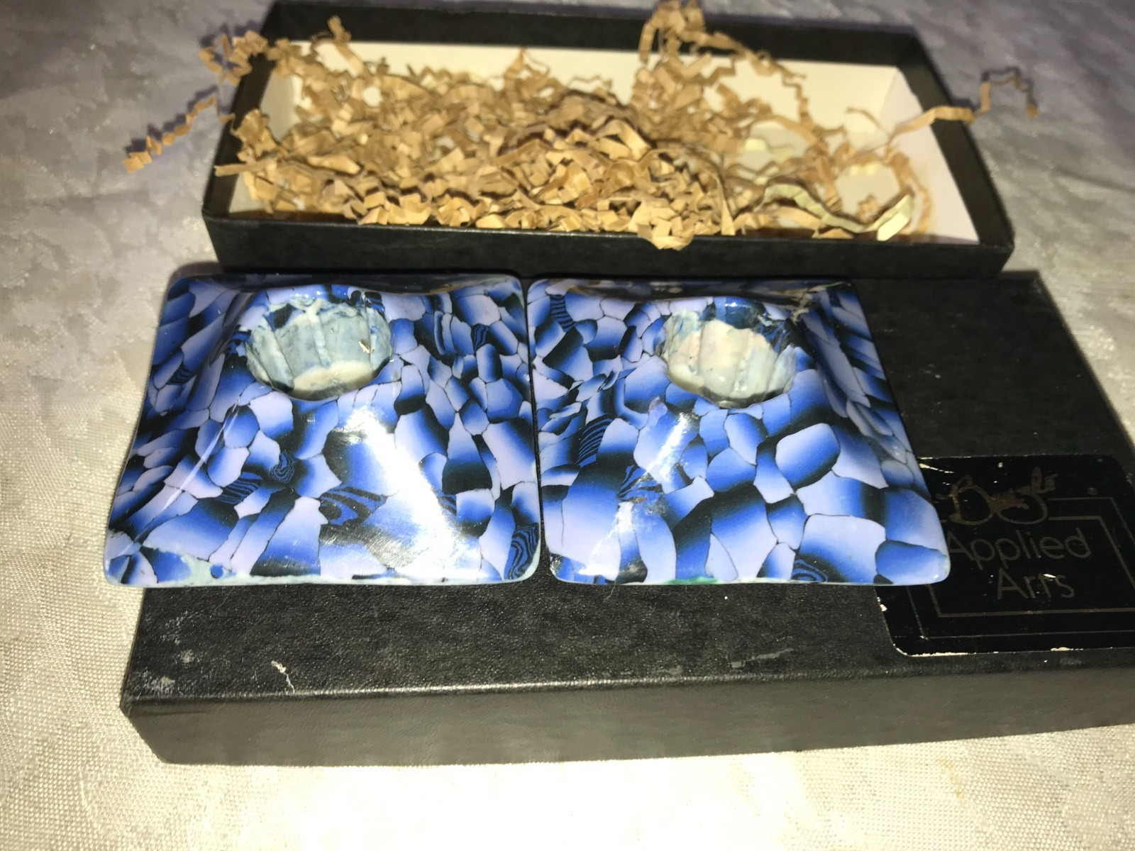 2/Pair CURTIS BENZLE Applied Art CANDLE Stick HOLDER 3″ Blue MILLEFIORI 3″Square